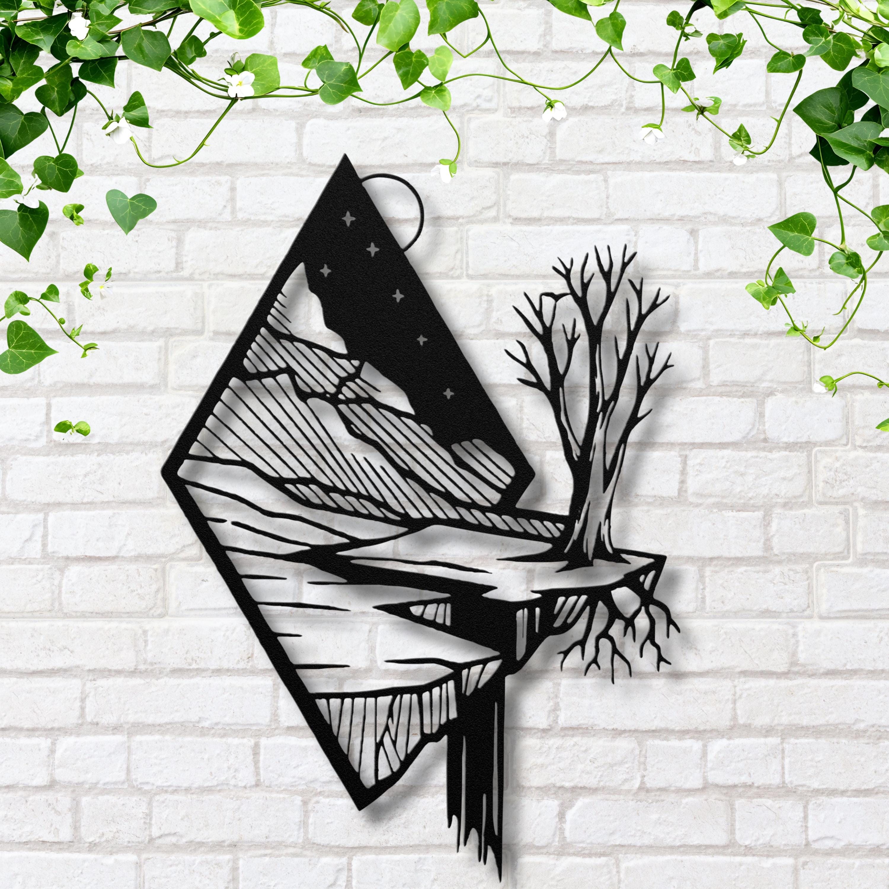 Geometric Mountain Metal Wall Art, Waterfall Nature Decor, Diamond Tree Sign, Outdoor Gift