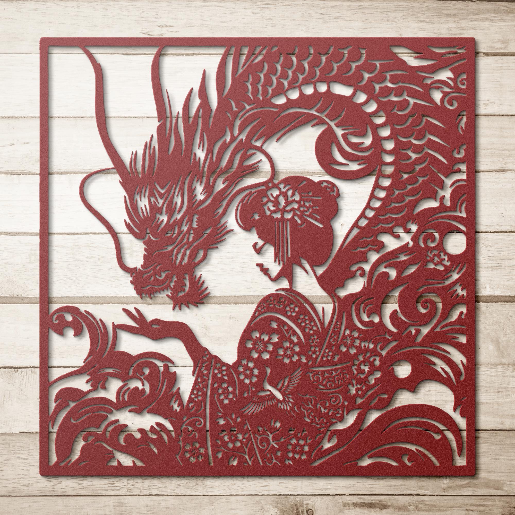 Dragon and Geisha Metal Wall Art, Japanese Floral Decor, Oriental Mythical Sign, Kimono Art