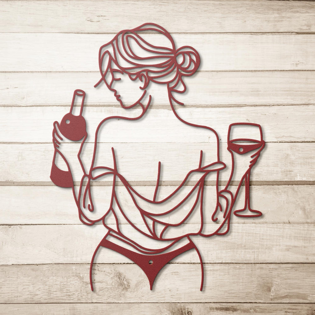 Woman Wine Metal Art – Minimalist Die Cut Metal Sign | Elegant Silhouette Decor