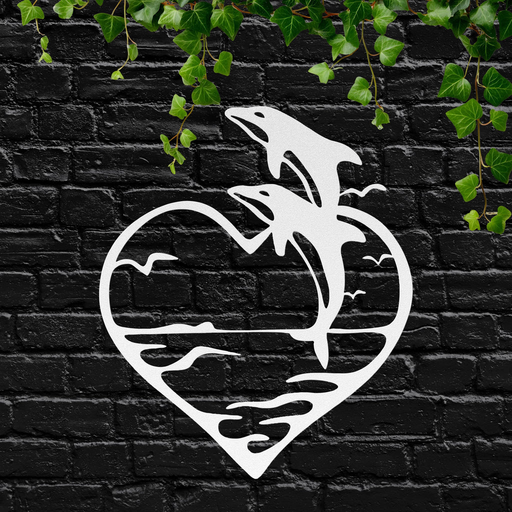 Dolphins in Heart Metal Wall Art: Romantic Ocean Decor