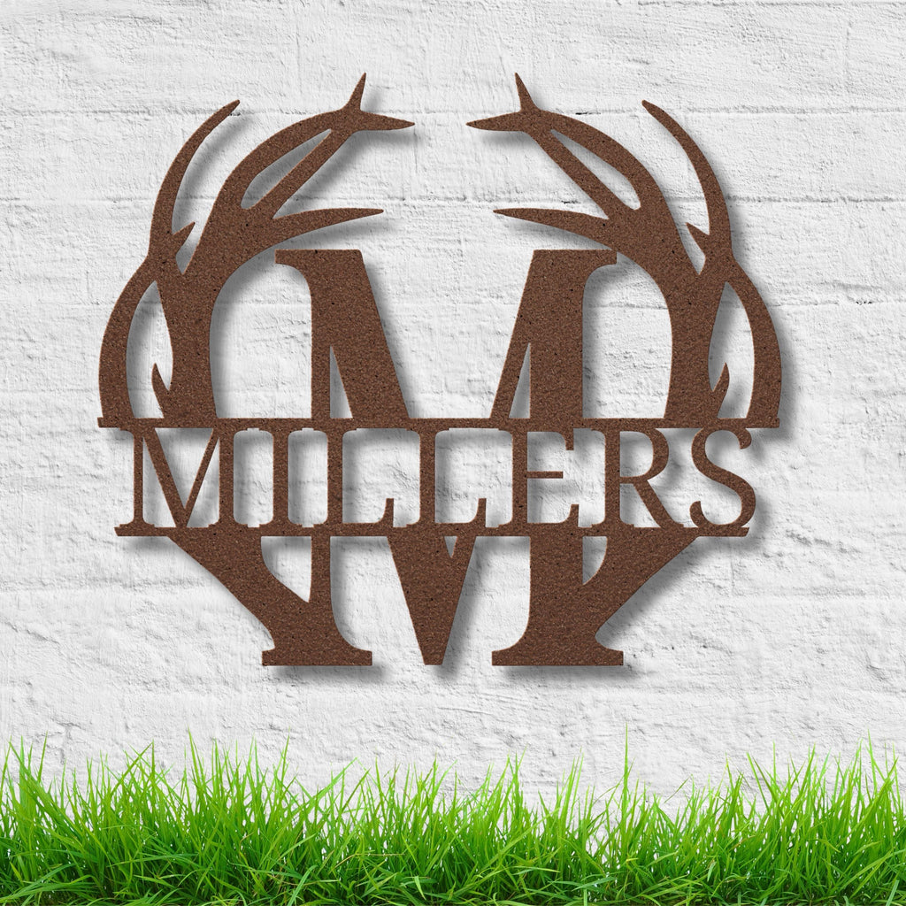 Custom Antler Monogram Metal Sign, Personalized Family Last Name Plaque, Rustic Wall Art