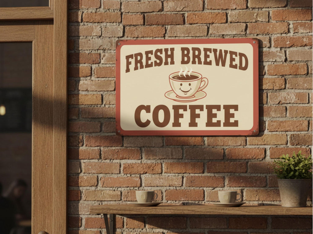 Fresh Brewed Coffee Metal Sign, Retro Kitchen Decor, Happy Coffee Cup Art, Coffee Bar Sign