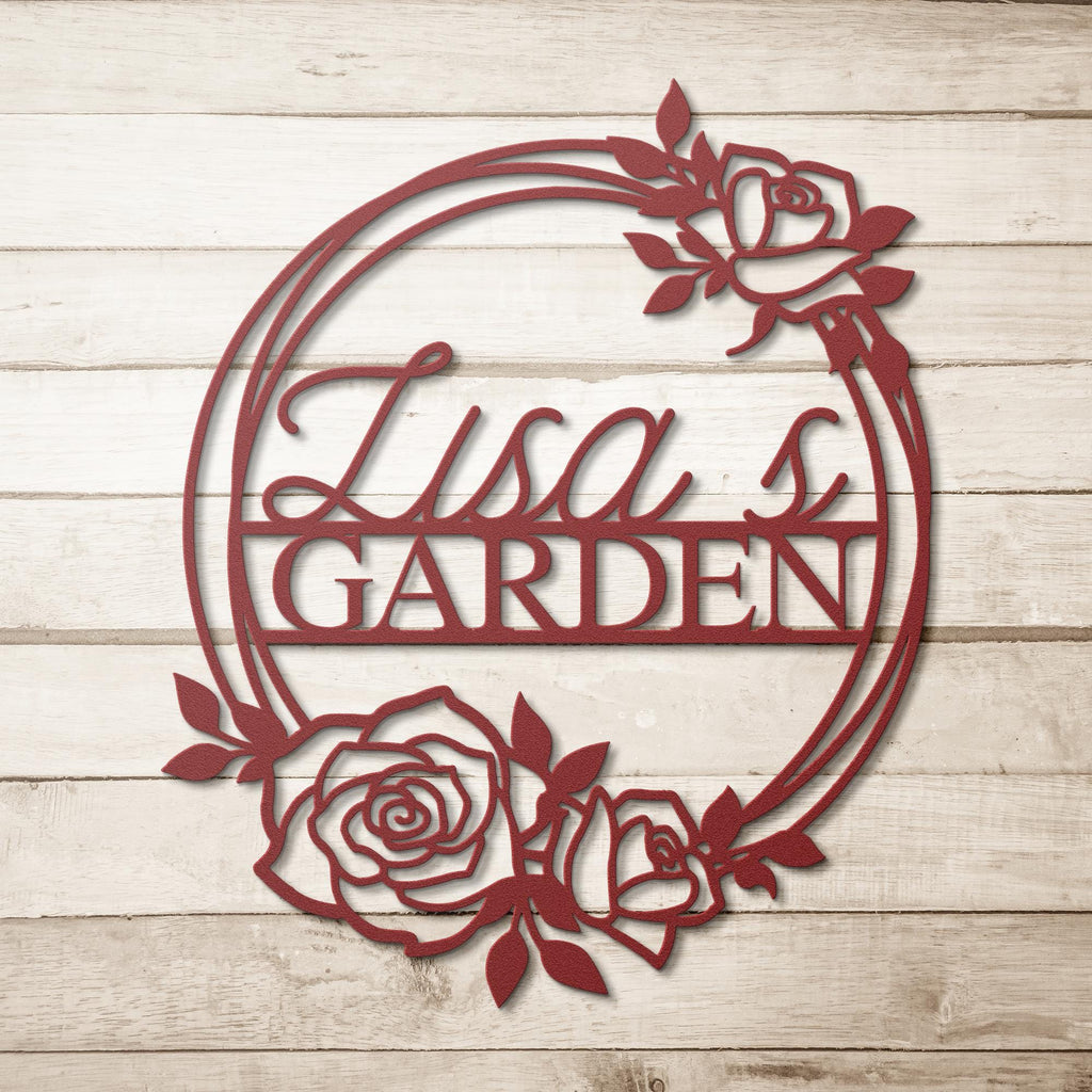 Personalized Rose Garden Metal Sign, Custom Name Plaque, Floral Wreath Decor