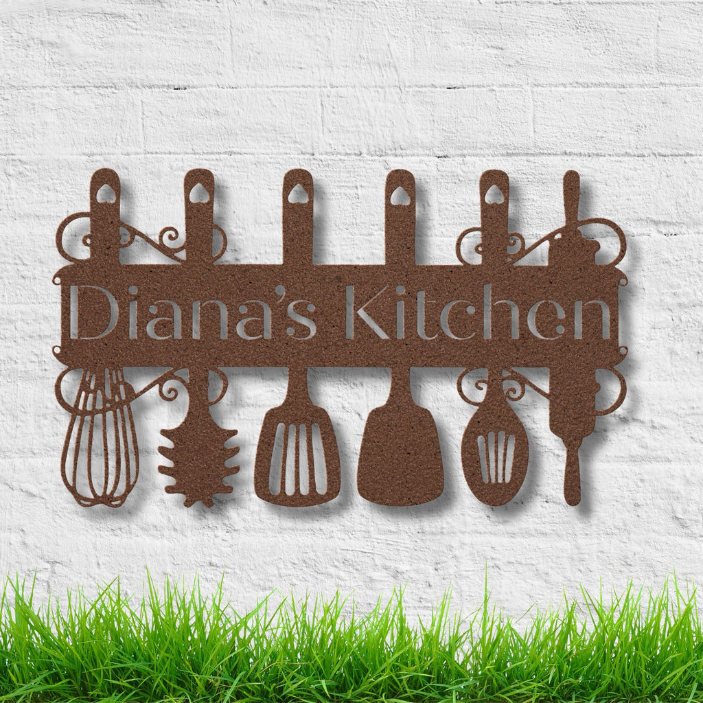 Personalized Kitchen Metal Sign, Utensil Die Cut Wall Art, Chef Gift