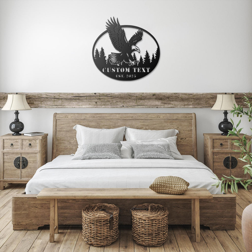 Personalized Bald Eagle Metal Sign | Custom Text Die-Cut Forest Lodge Decor | Patriotic Wildlife Nature Gift