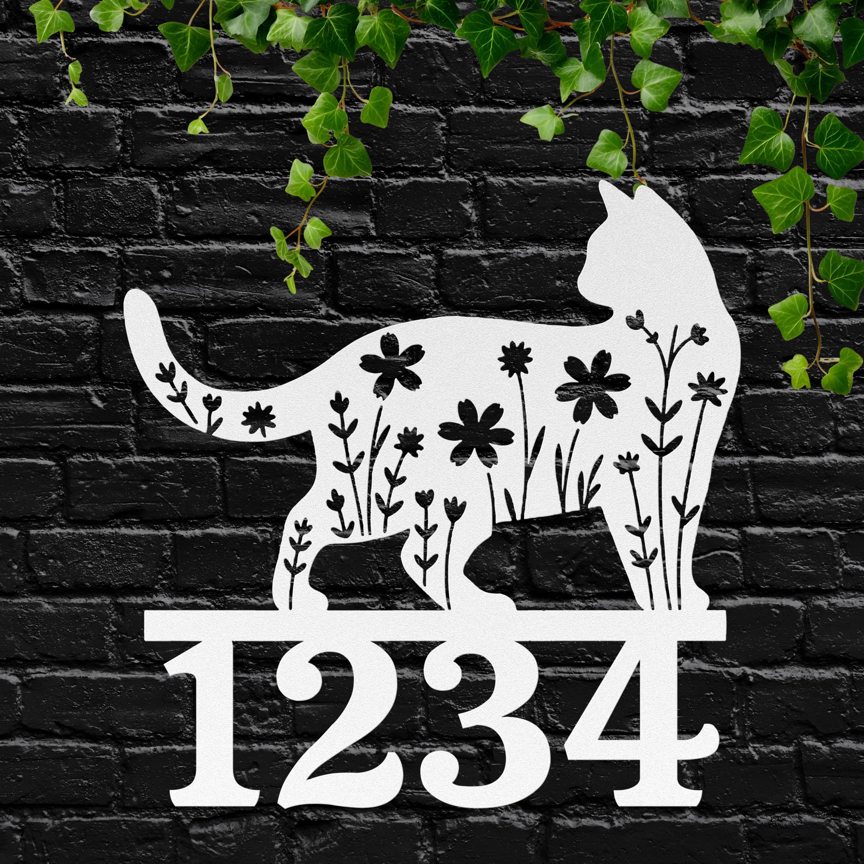 Floral Cat Address Sign: Custom Metal House Number Plaque