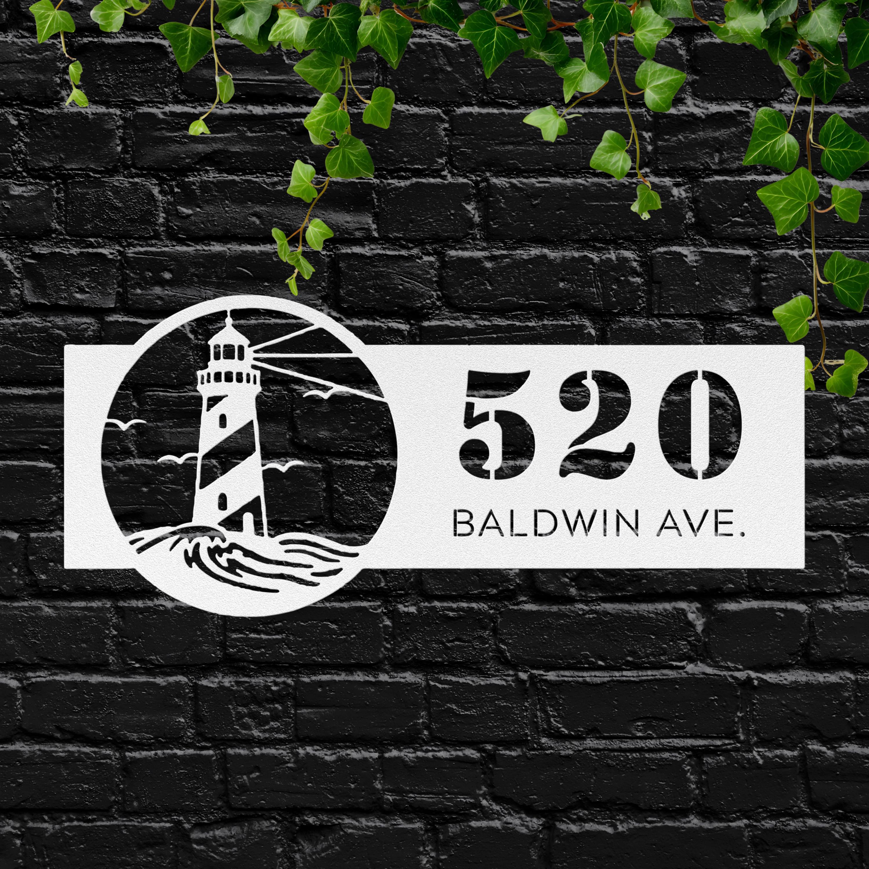 Personalized Lighthouse Address Metal Sign | Custom Number and Street Coastal Home Decor | Die-Cut Beach Gift