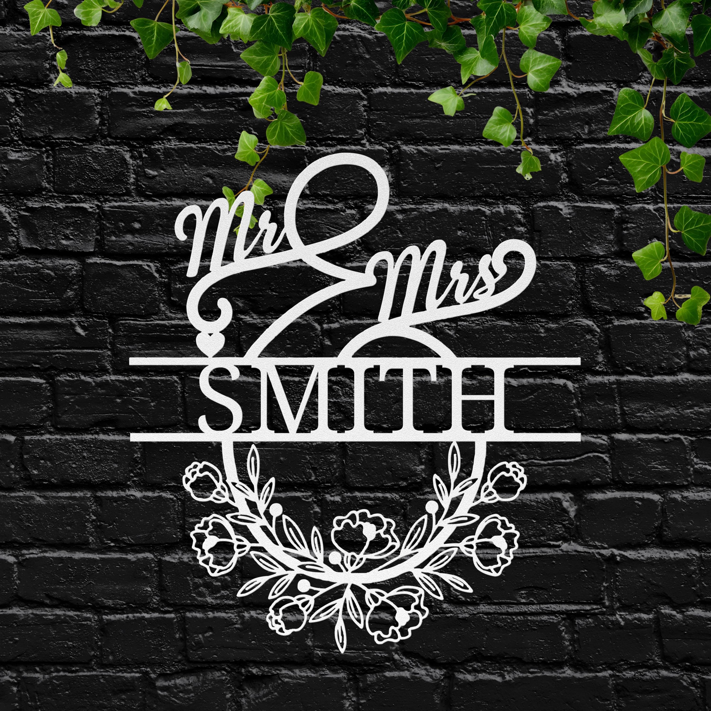 Personalized Mr. & Mrs. Metal Sign, Custom Last Name Wedding Gift, Floral Wreath Wall Decor