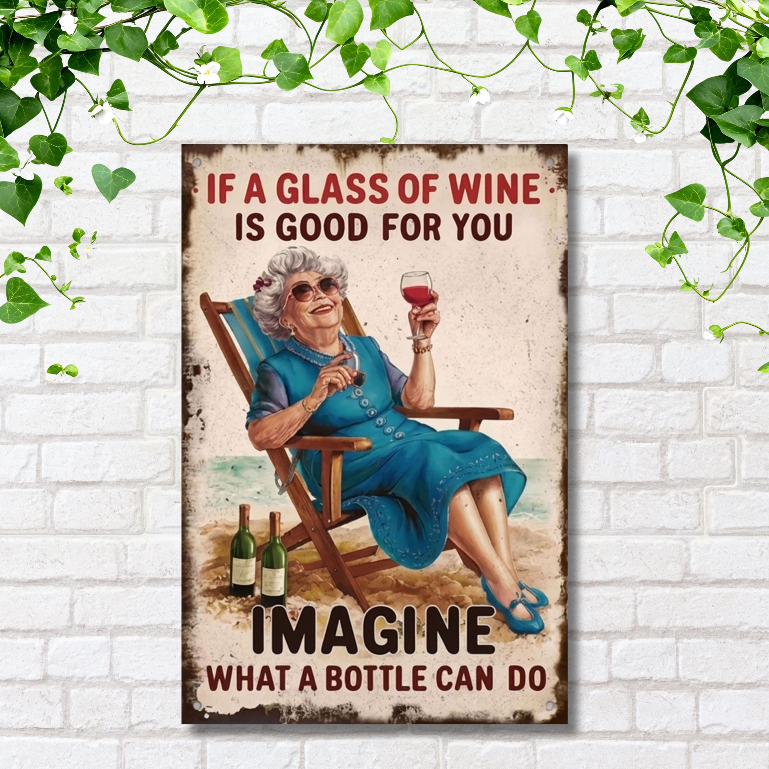 Funny Wine Metal Sign, Retro Woman Beach Wall Art, Kitchen Decor, Wine Lover Gift