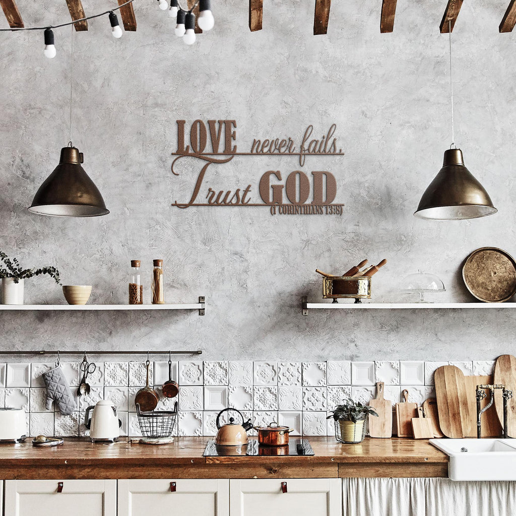 Love Never Fails Metal Wall Art, Christian Home Decor