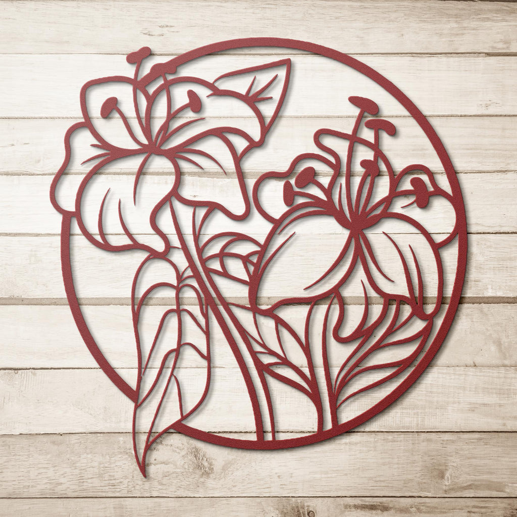 Lily Flower Metal Art – Circular Floral Sign | Minimalist Botanical Wall Decor