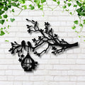 Birds on Branch Metal Art, Hanging Birdcage Wall Decor, Rustic Nature Sign, Forest Gift