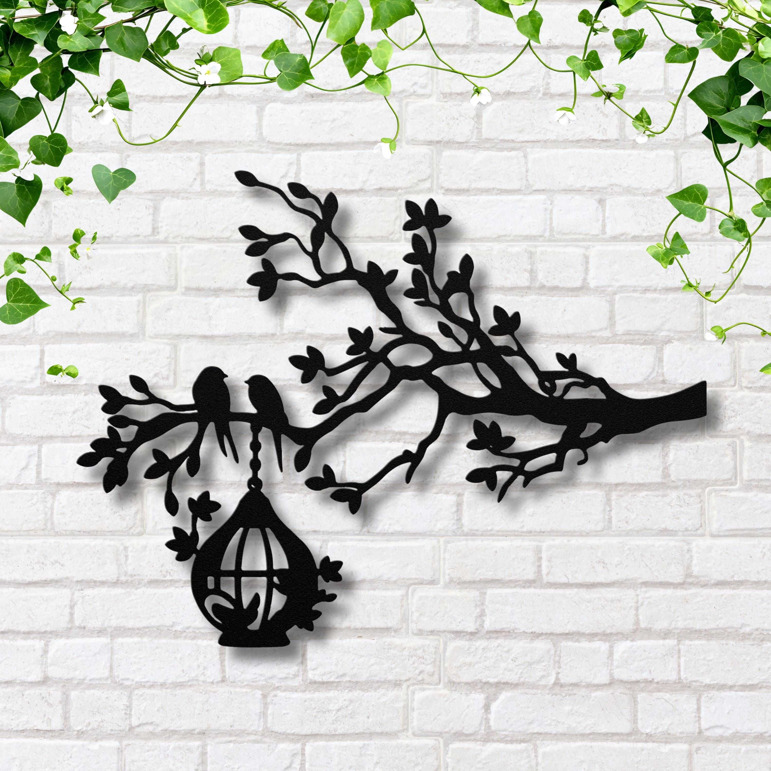 Birds on Branch Metal Art, Hanging Birdcage Wall Decor, Rustic Nature Sign, Forest Gift