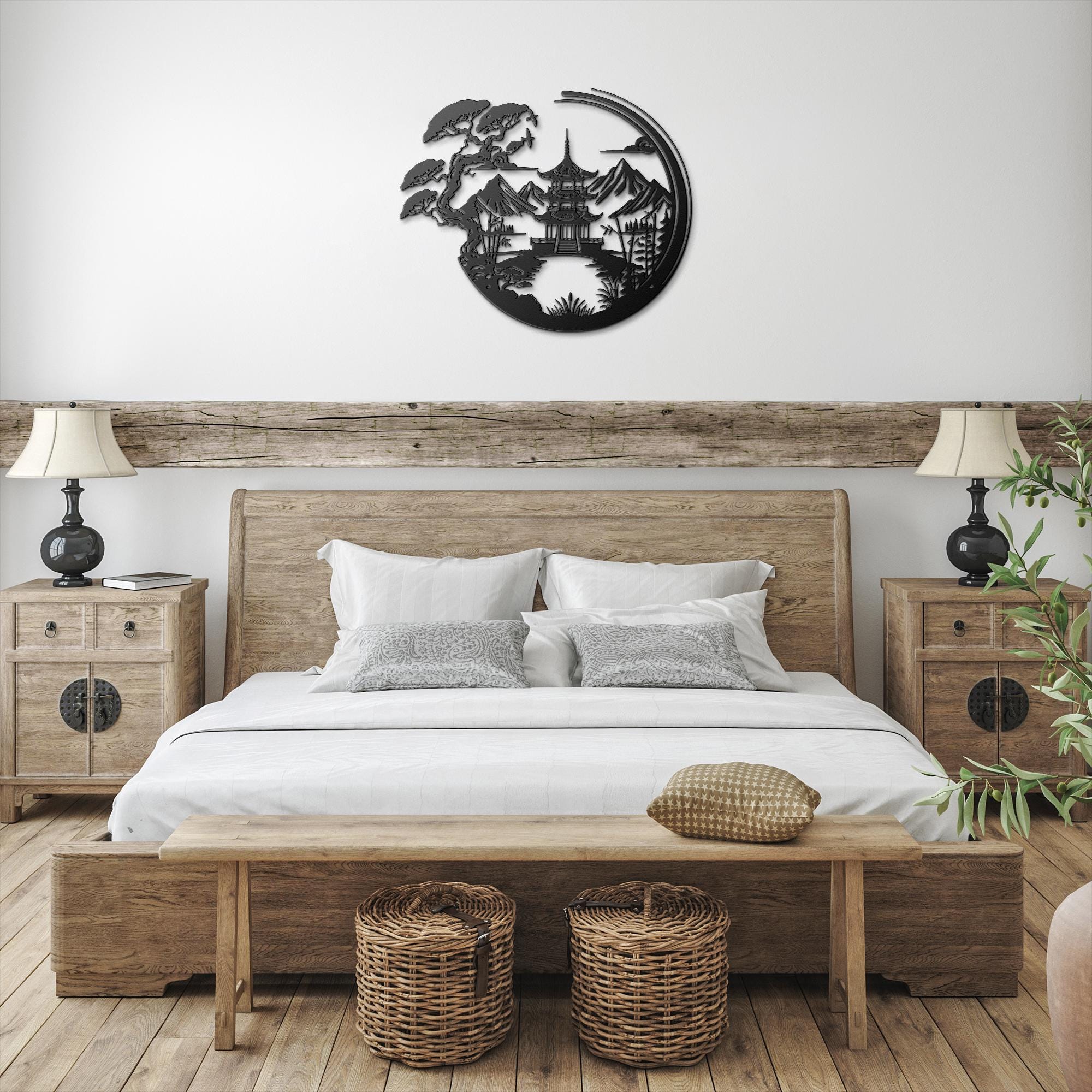 Japanese Pagoda Metal Wall Art: Zen Bonsai Landscape Decor