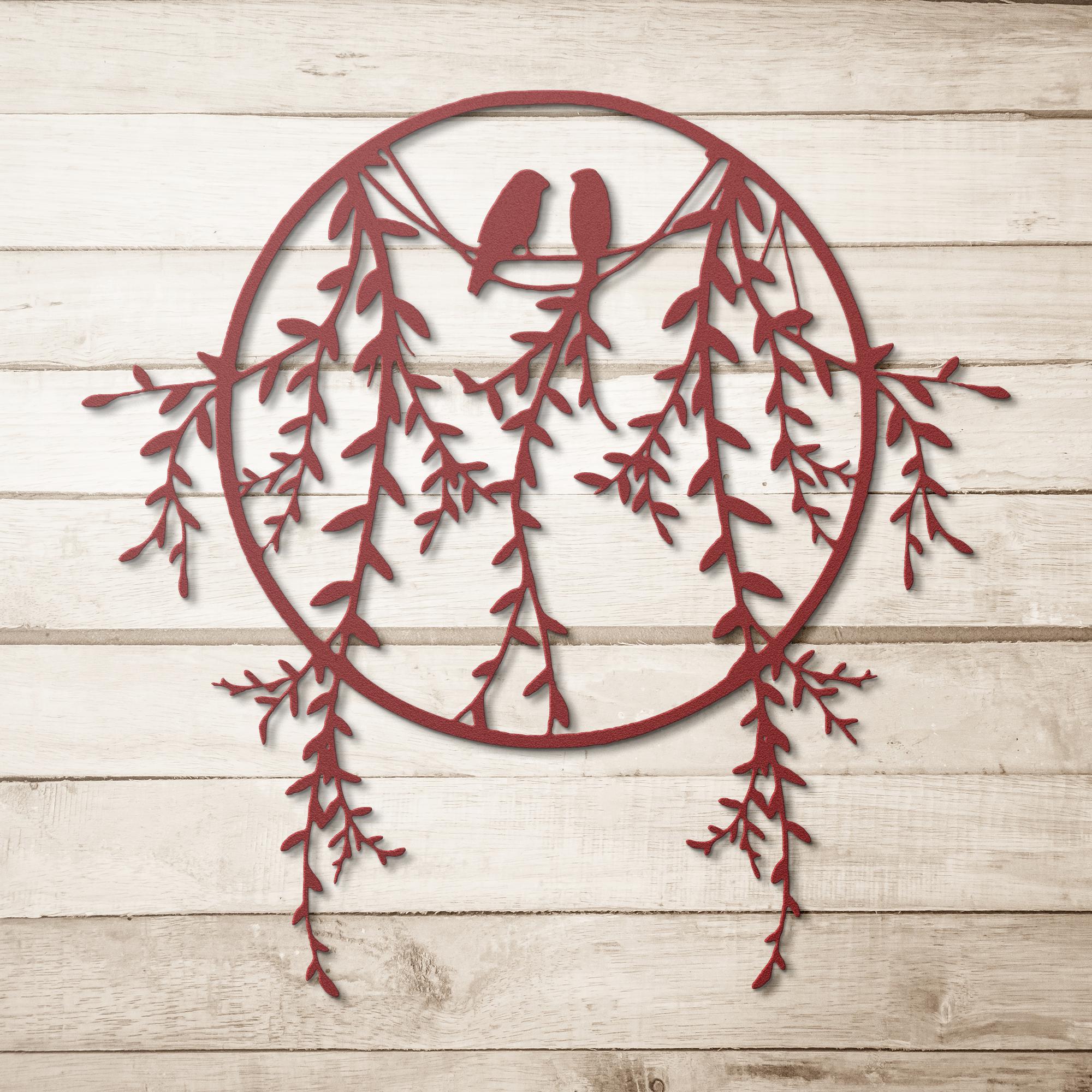 Birds On Branch Metal Art - Willow Tree Wall Decor With Love Bird Silhouette