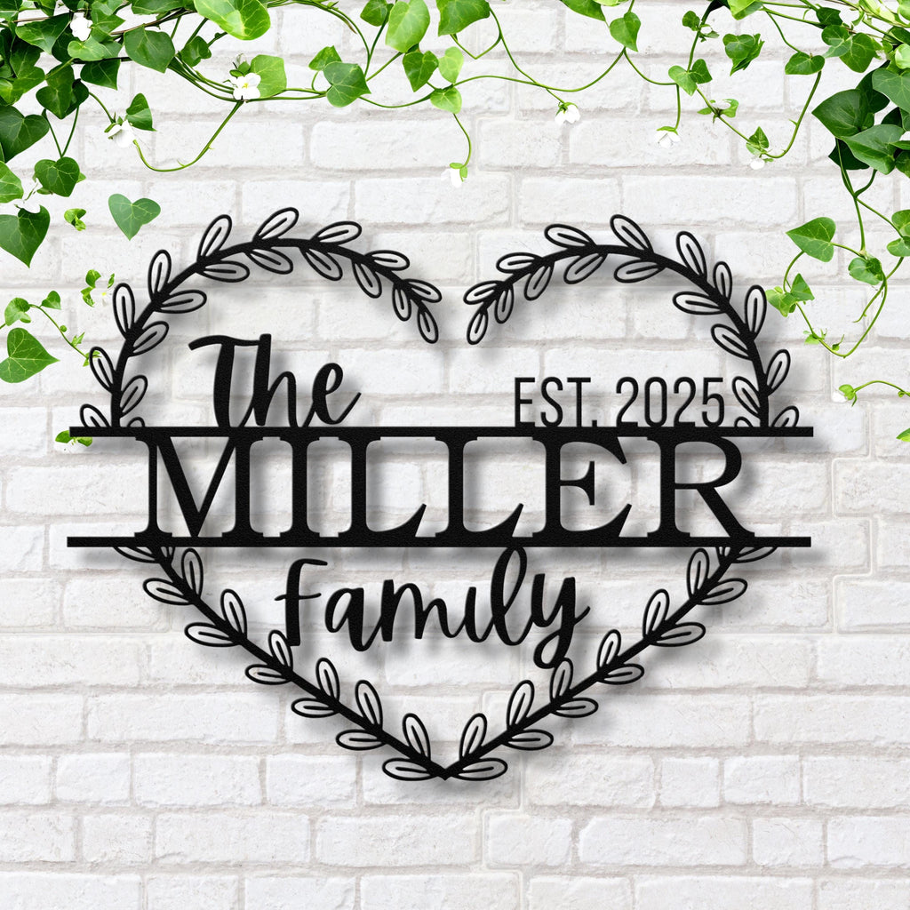 Custom Family Last Name Monogram Sign: Heart Wreath Metal Wall Art, Housewarming Gift