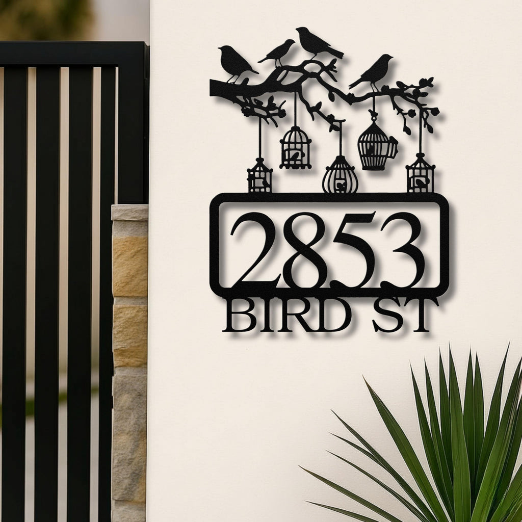 Personalized Bird Address Sign, Custom Metal House Numbers, Bird Cage Wall Art, Unique Home Decor, New Homeowner Gift