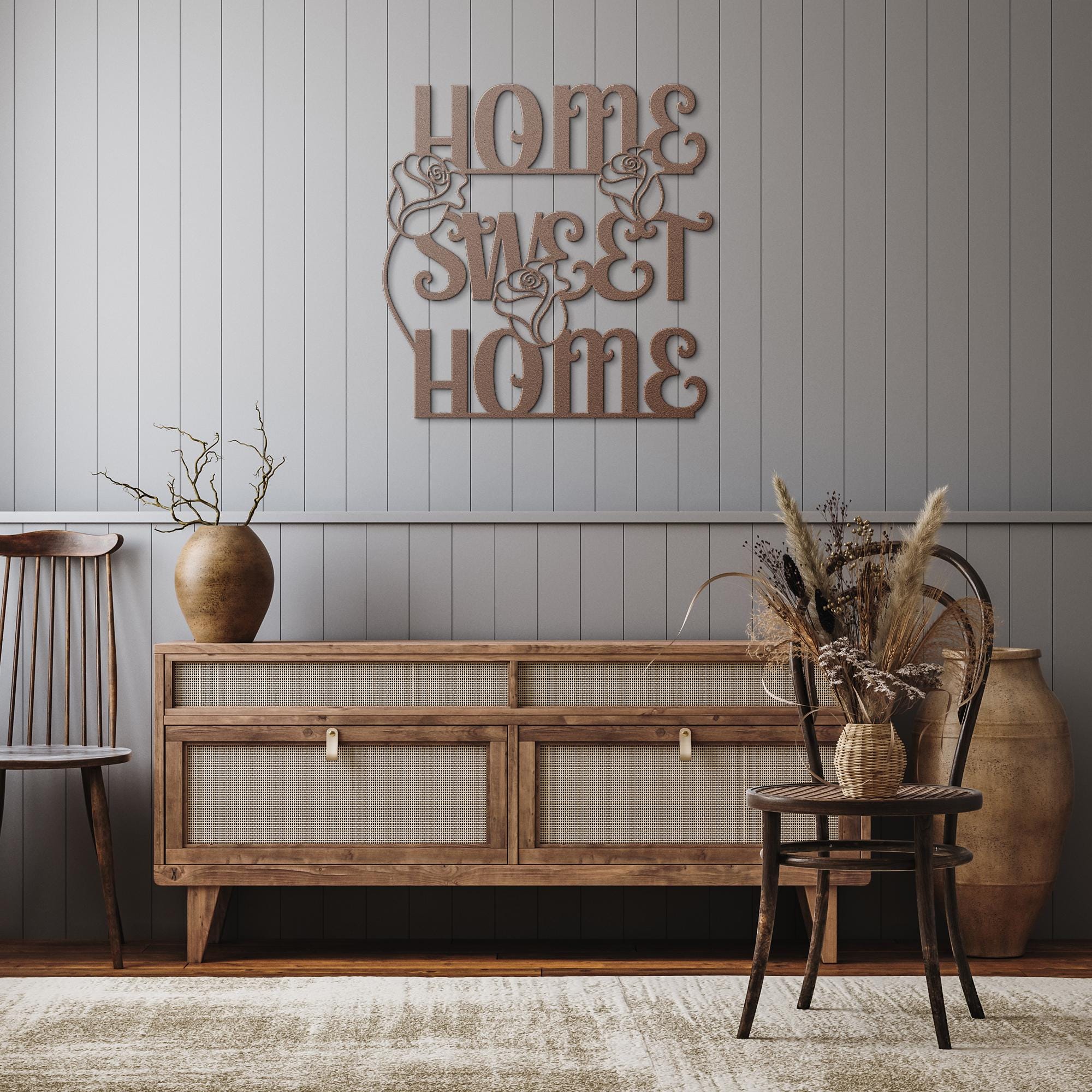 Home Sweet Home Metal Sign, Rose Flower Wall Art, Housewarming Gift, Entryway Decor, Floral Sign