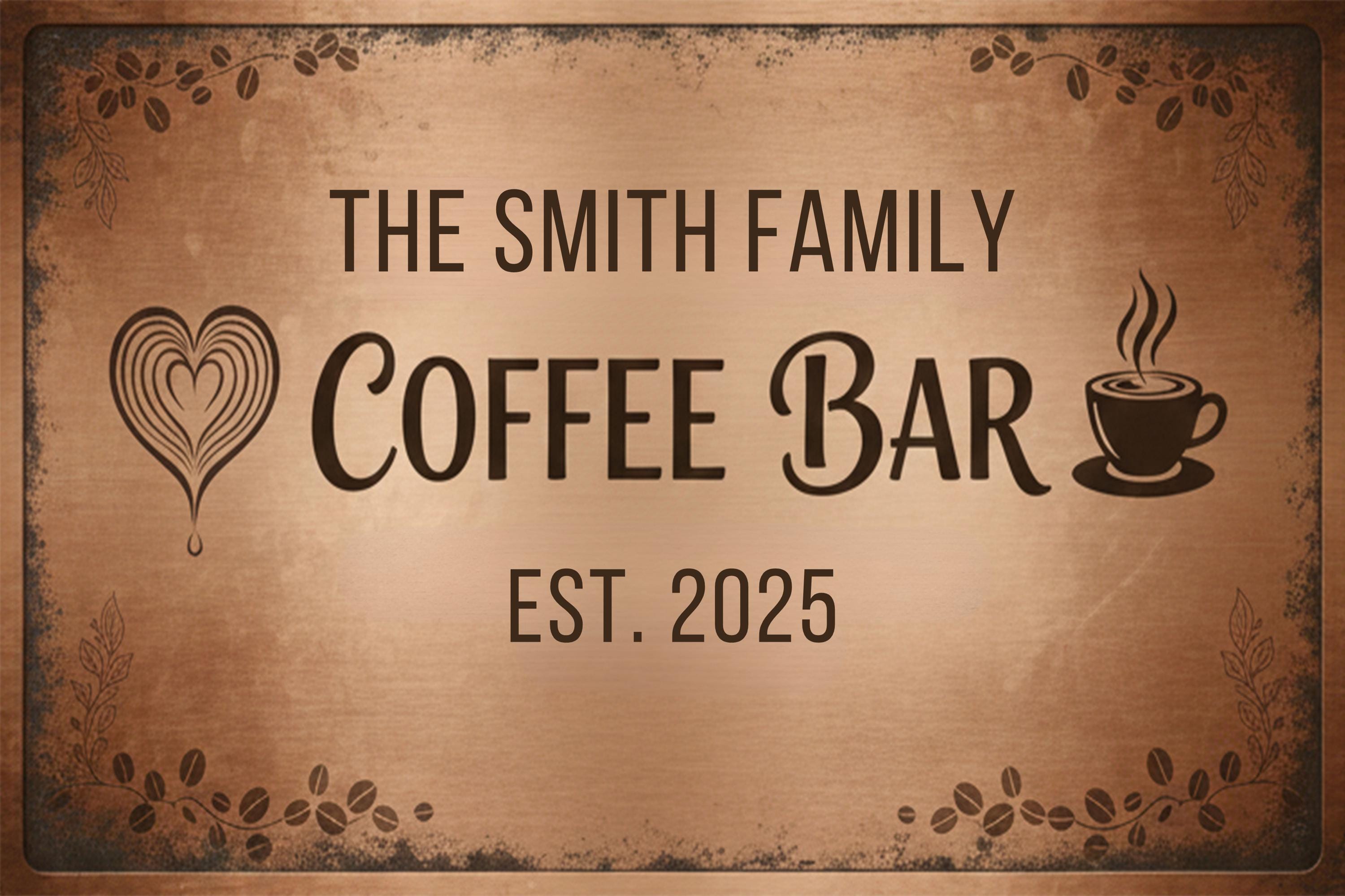 Custom Family Coffee Bar Metal Sign | Personalized Kitchen Cafe Decor | Rustic Est. 2025 Plaque | Hot Beverage Nook Gift