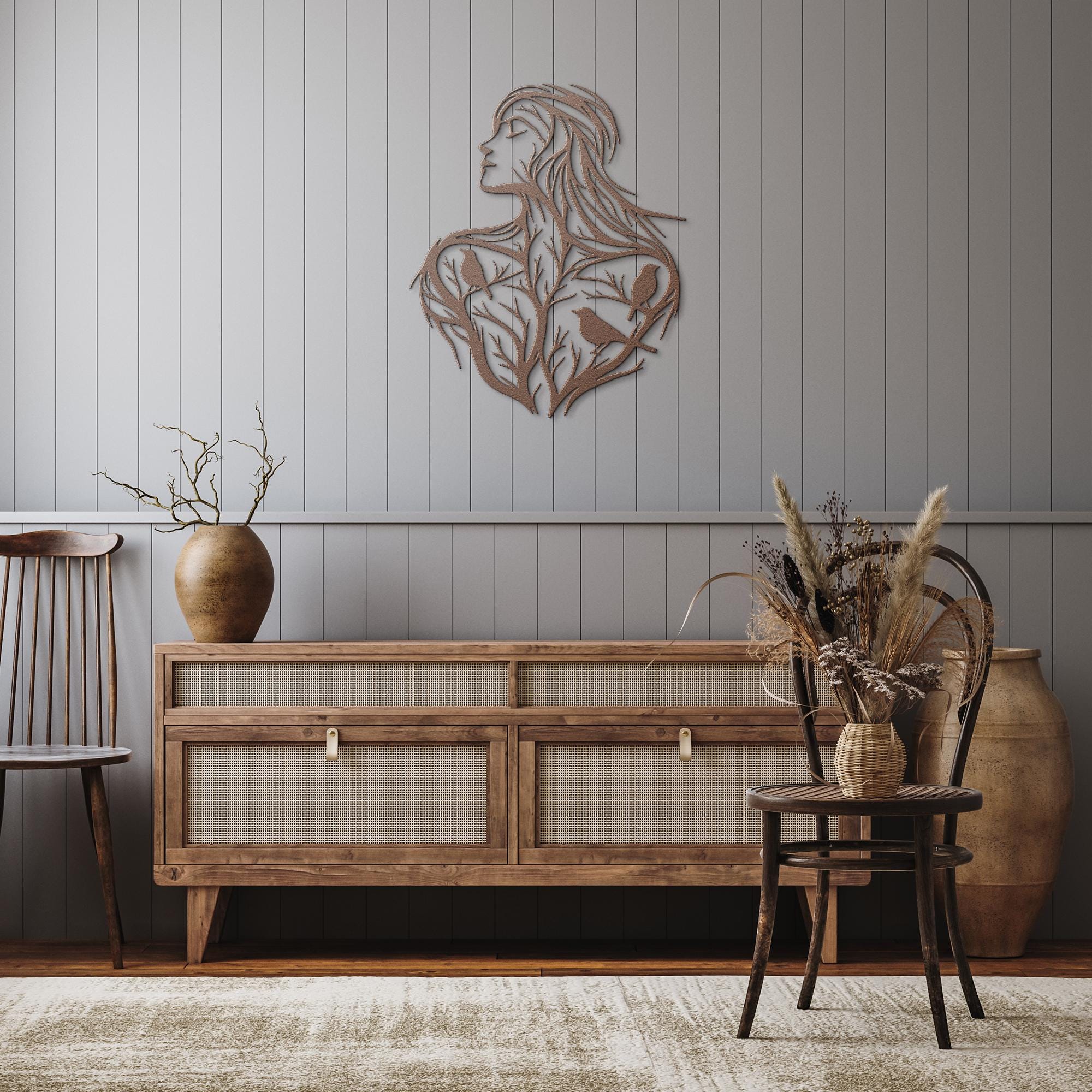 Tree of Life Woman Metal Wall Art | Boho Silhouette with Birds
