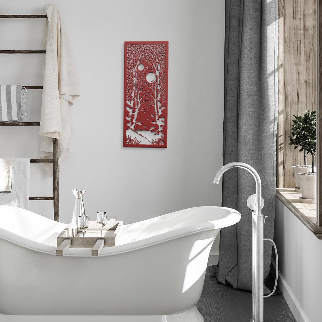 Birch Forest Metal Wall Art, Double Moon Night Scene, Tree Landscape Sign, Nature Decor