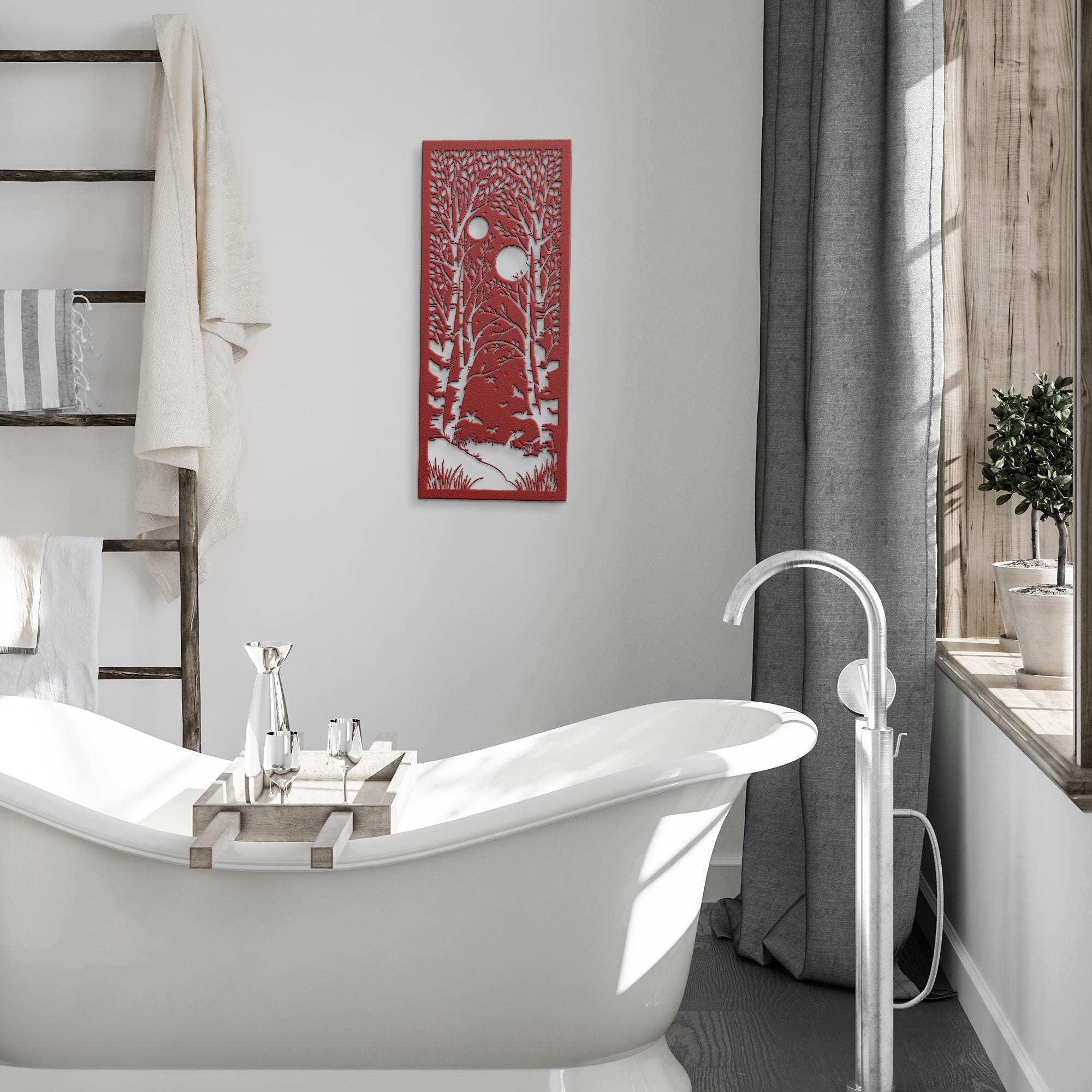 Birch Forest Metal Wall Art, Double Moon Night Scene, Tree Landscape Sign, Nature Decor