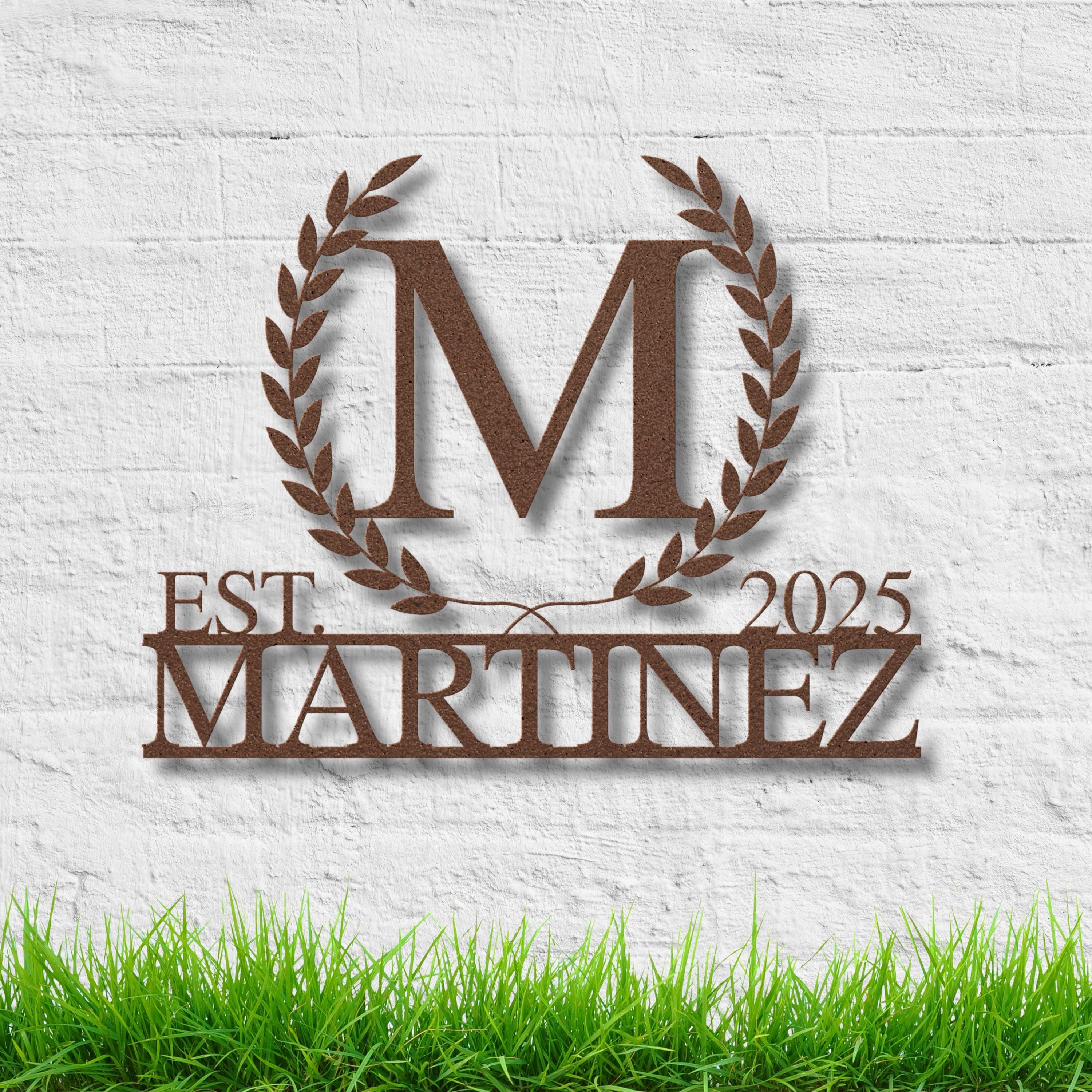 Personalized Metal Family Name Sign, Initial Wreath, Wedding Gift