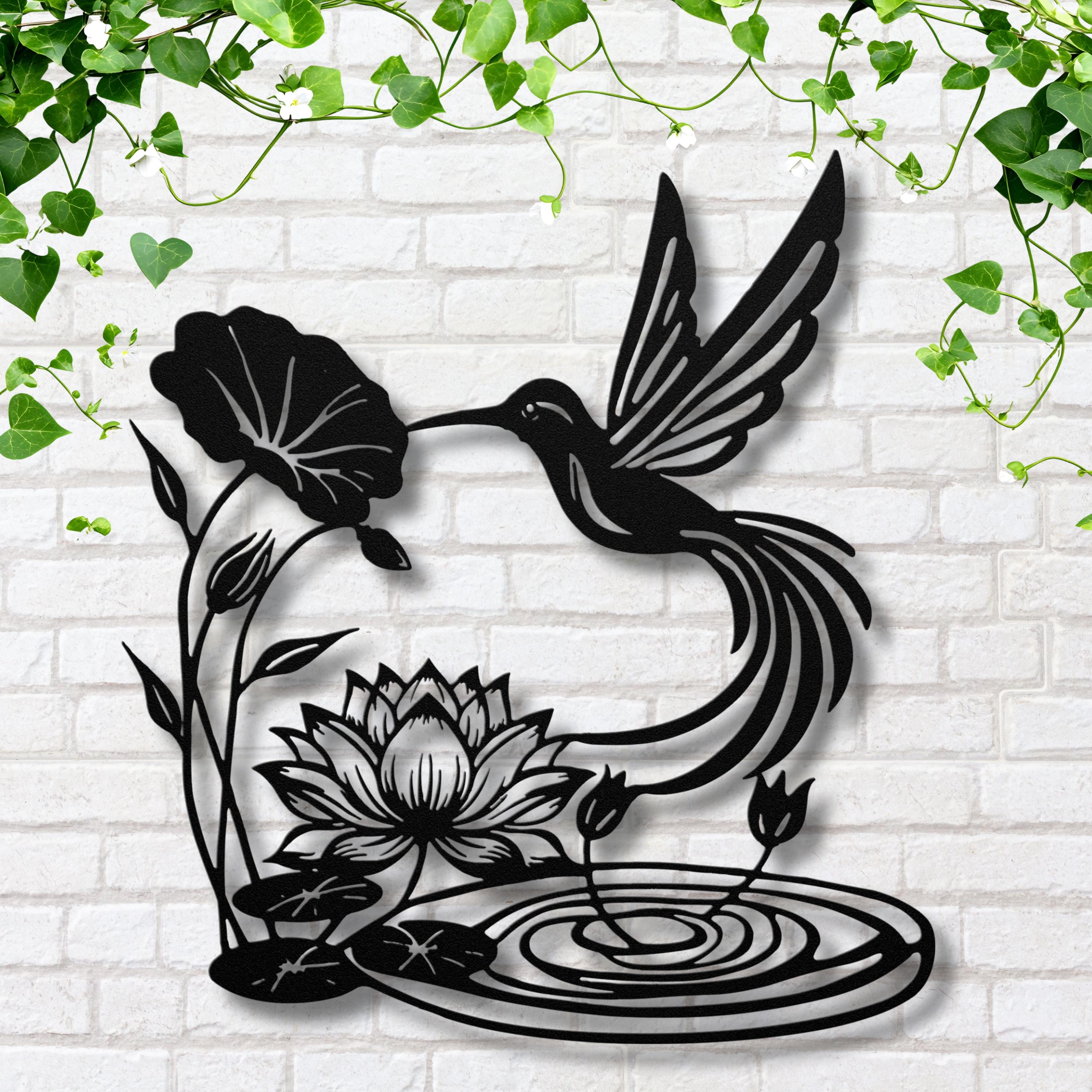 Metal Wall Art – Hummingbird & Lotus Flower Garden Sign | Black Steel Silhouette
