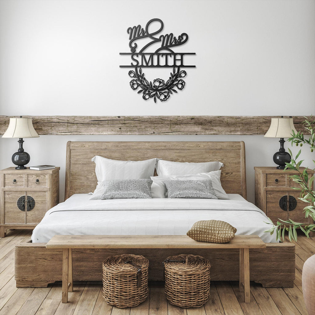 Personalized Mr. & Mrs. Metal Sign, Custom Last Name Wedding Gift, Floral Wreath Wall Decor