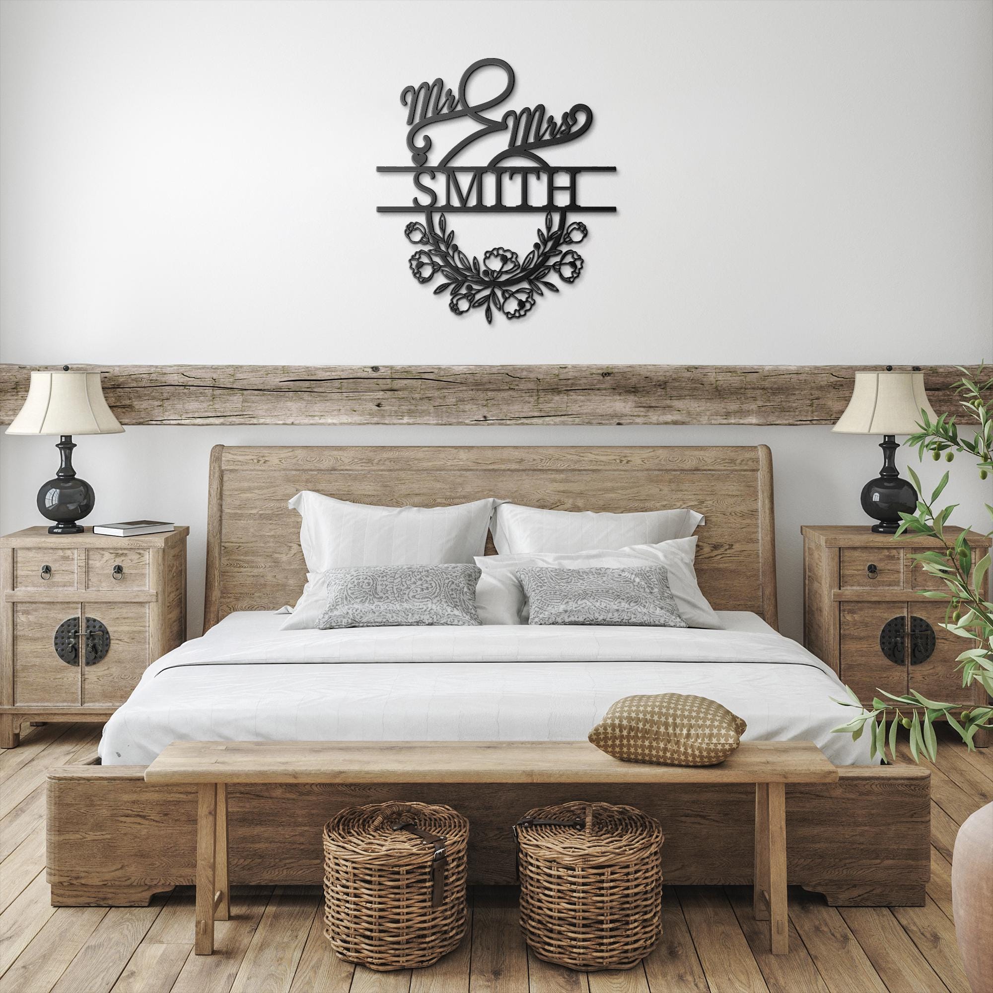 Personalized Mr. & Mrs. Metal Sign, Custom Last Name Wedding Gift, Floral Wreath Wall Decor