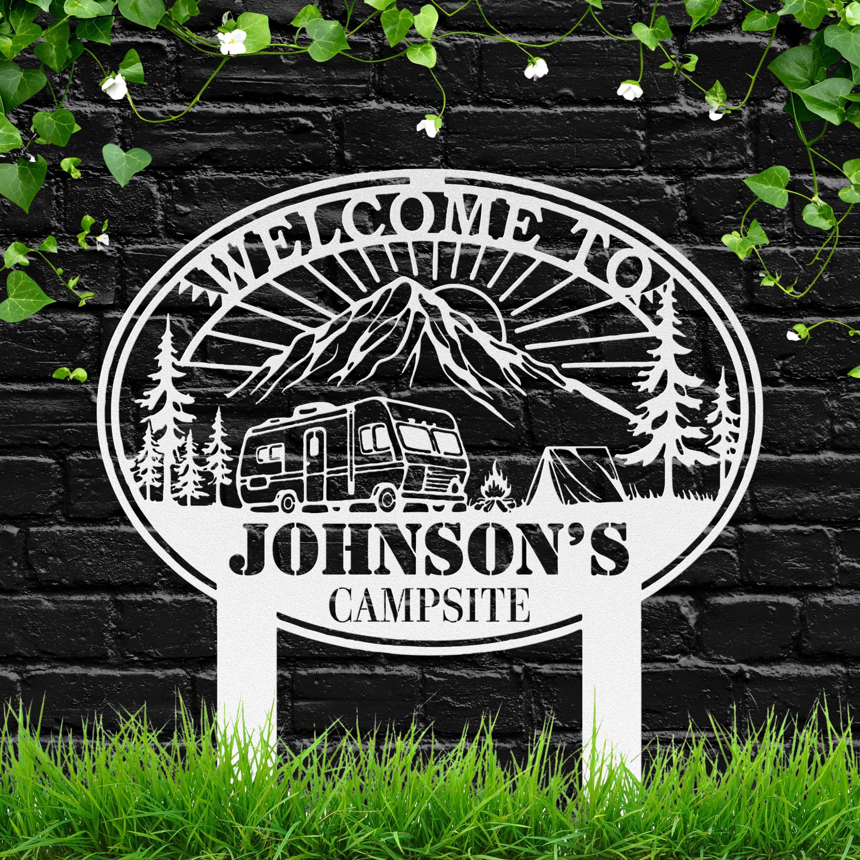 Welcome RV Campsite Metal Sign, Personalized Mountain Outdoor Camping Decor, Custom RV Trailer Gift