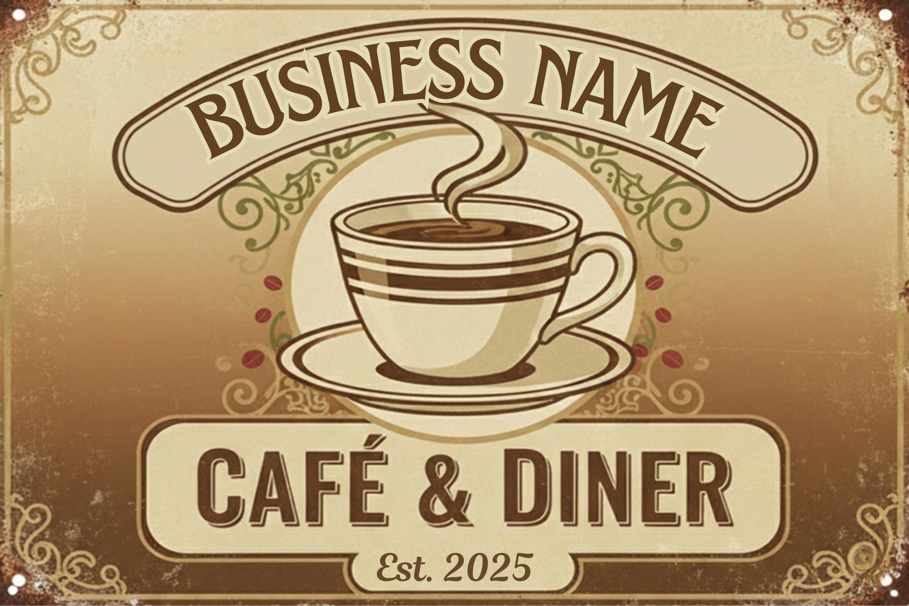 Personalized Diner Sign, Vintage Coffee Cup Metal Plaque, Kitchen Wall Decor