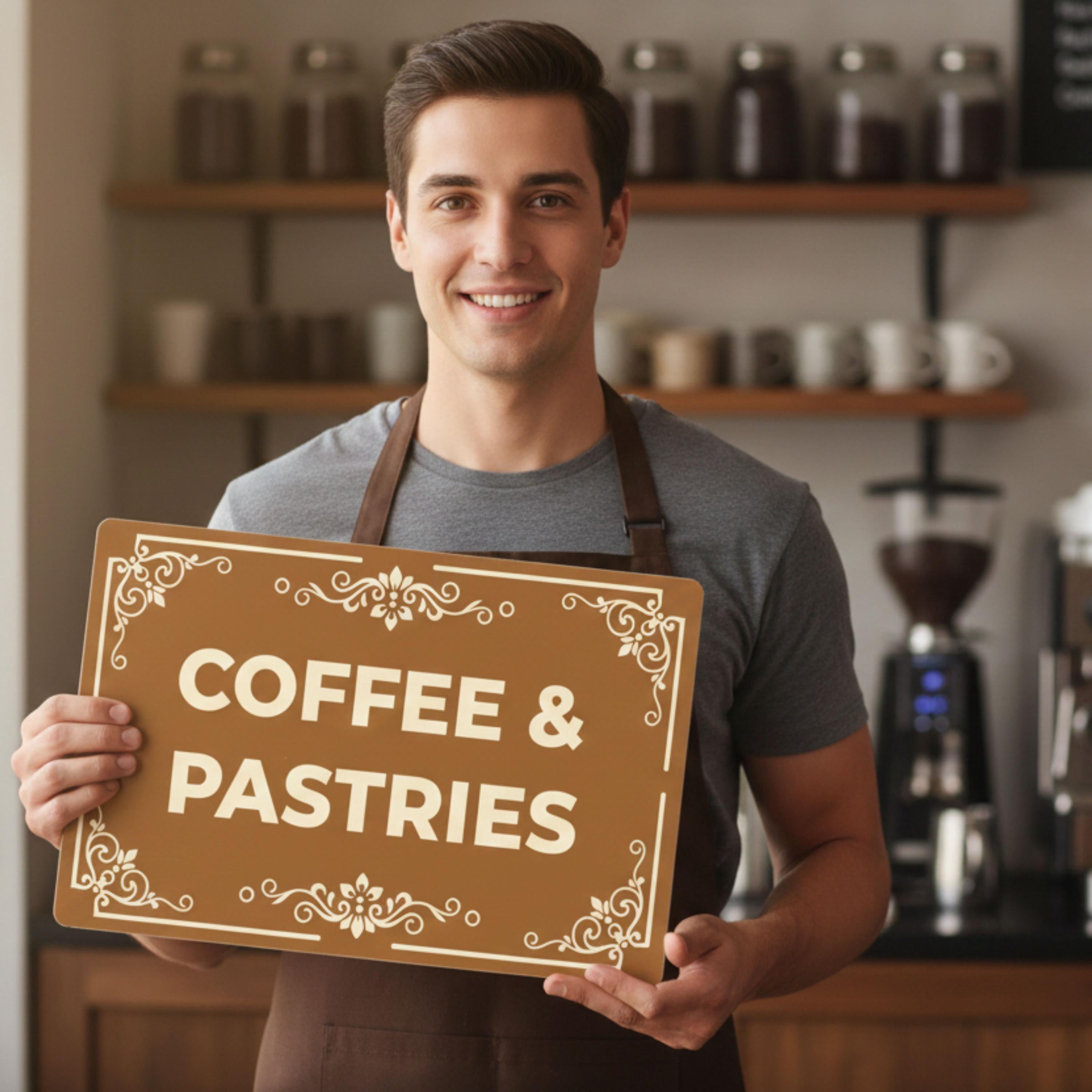 Coffee & Pastries Metal Sign, Retro Cafe Wall Decor, Brown Kitchen Art, Vintage Bakery Gift