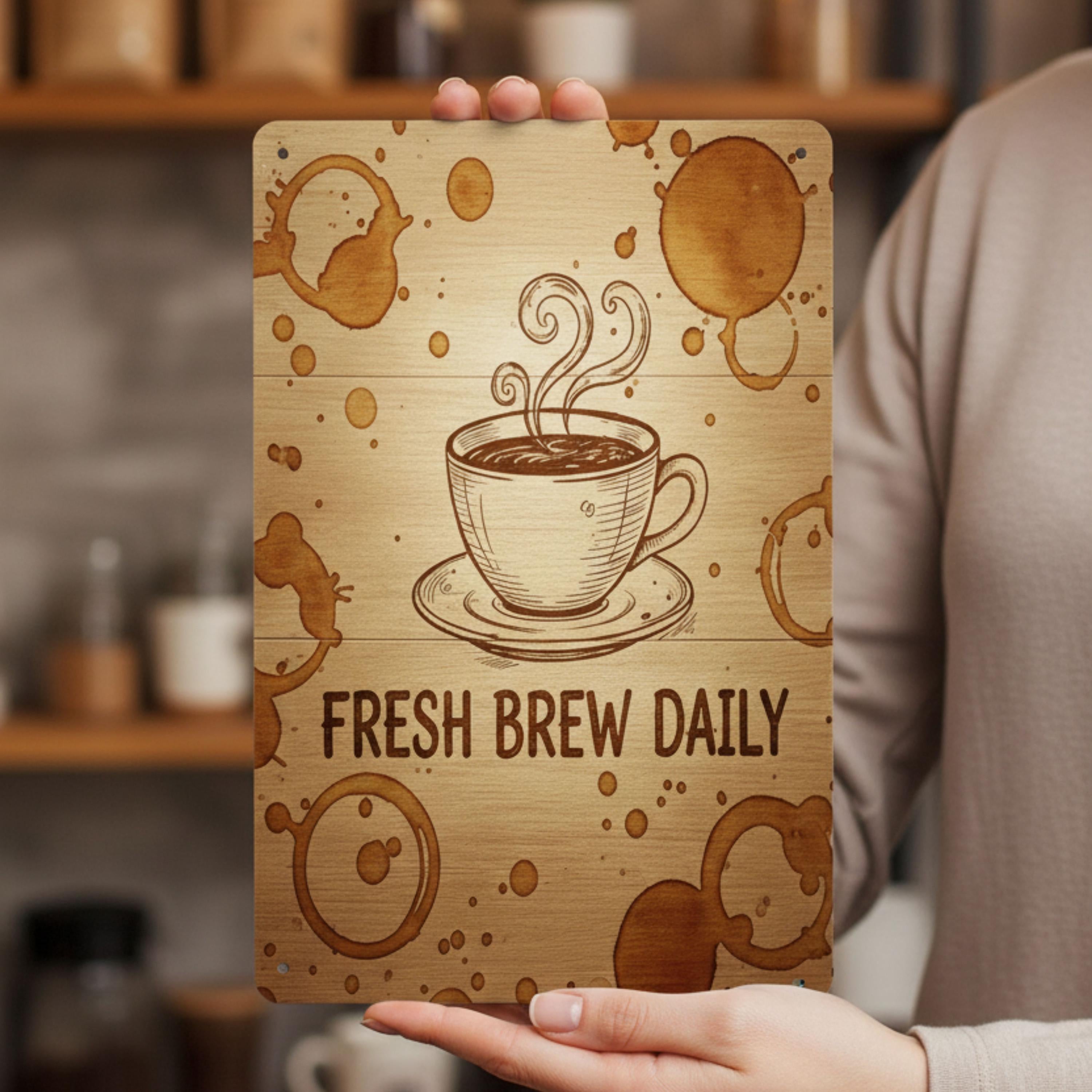 Rustic Coffee Sign - Fresh Brew Daily Metal Plaque | Vintage Kitchen Art Decor