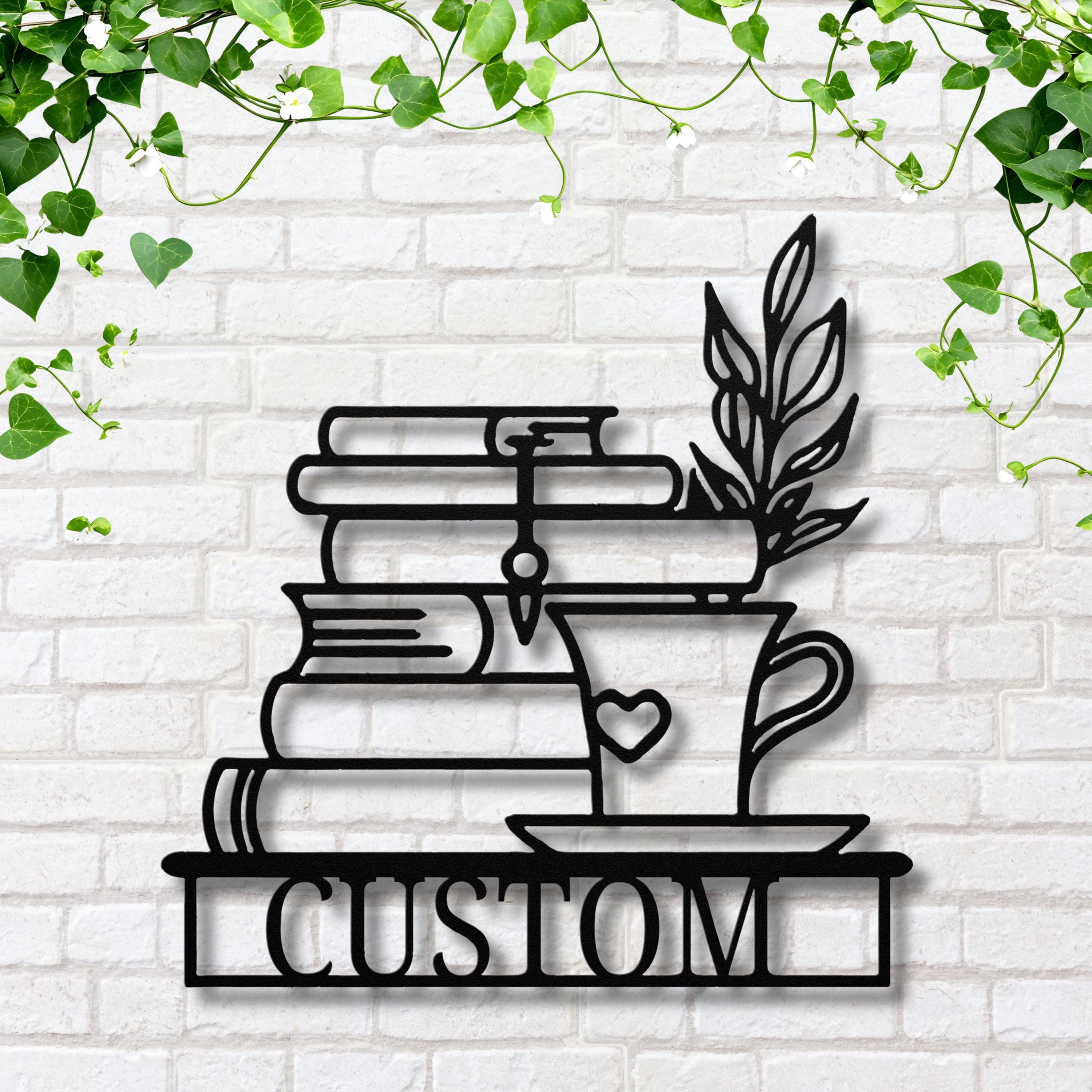 Custom Book Lover Metal Sign | Personalized Reading Nook Decor, Coffee Die Cut Art, Bookworm Gift, Stack of Books Plaque