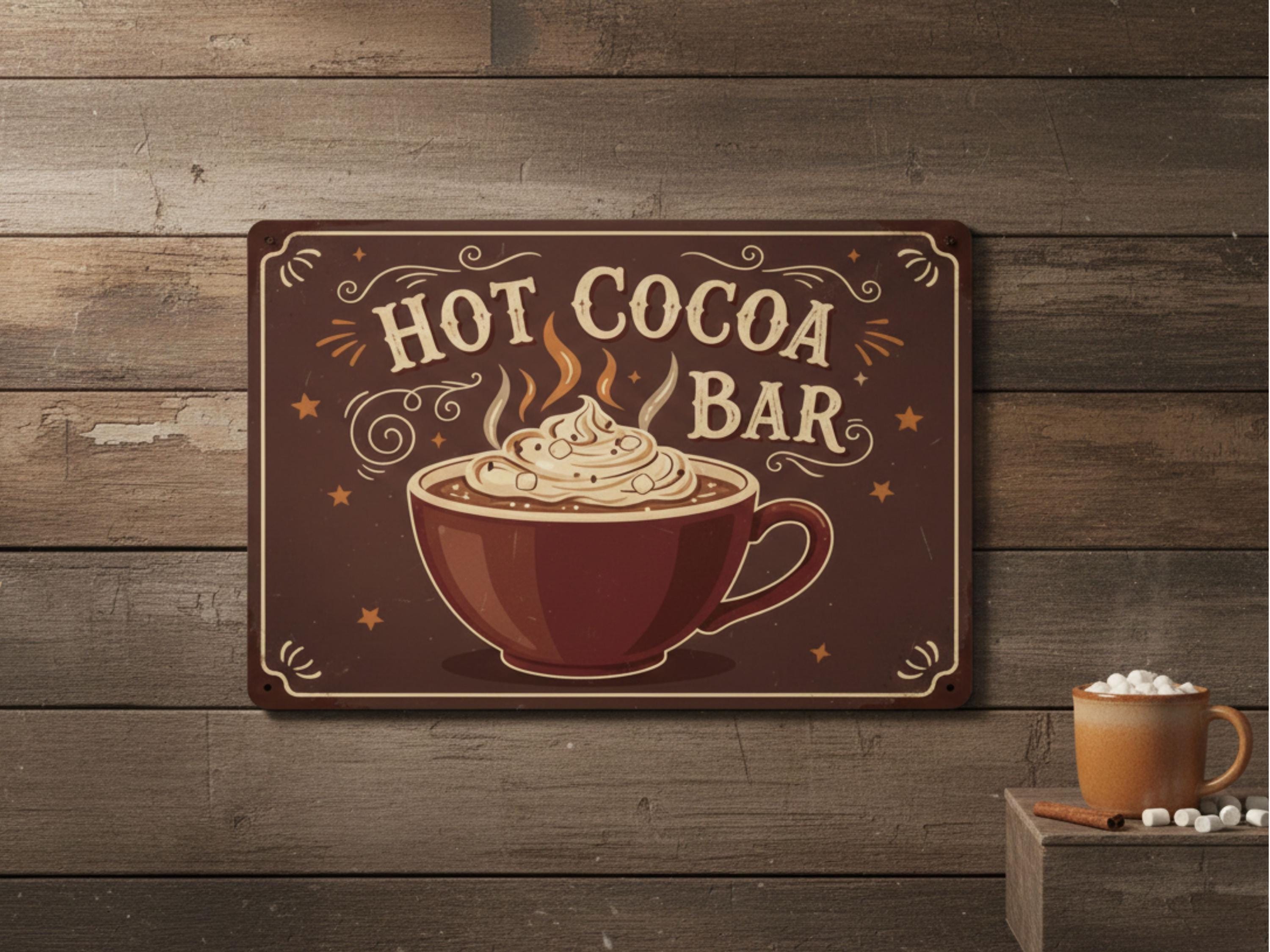 Vintage Hot Cocoa Bar Metal Sign, Winter Kitchen Decor, Cozy Drink Wall Art, Cocoa Station