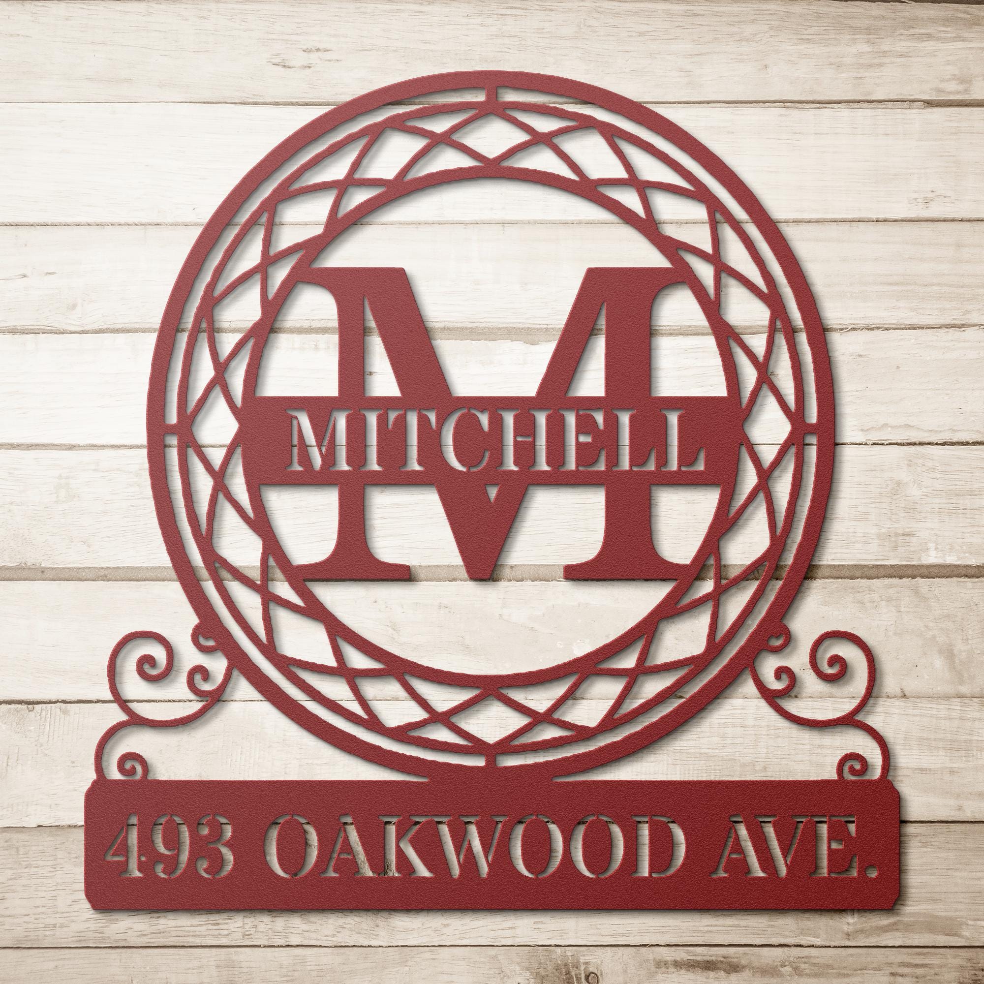 Personalized Round Metal Address Sign, Custom House Number Plaque, Family Name Monogram