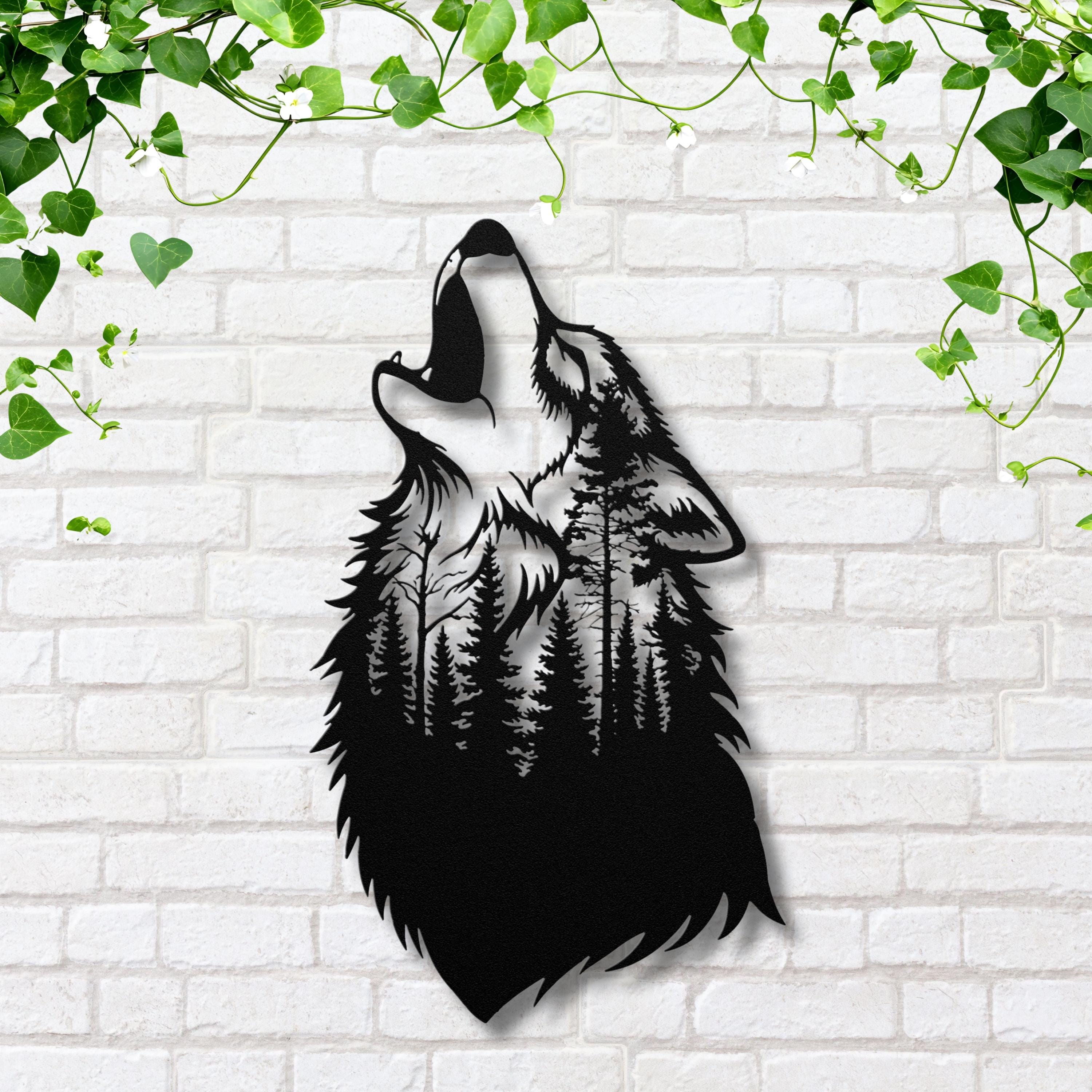 Howling Wolf Metal Wall Art, Wilderness Forest Scene Sign, Wildlife Nature Lover Home Gift