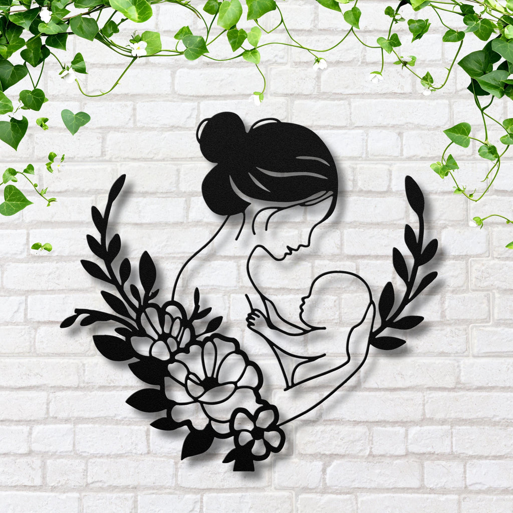Mother Baby Metal Sign – Floral Die Cut Sign | Minimalist Metal Art Nursery Wall Decor