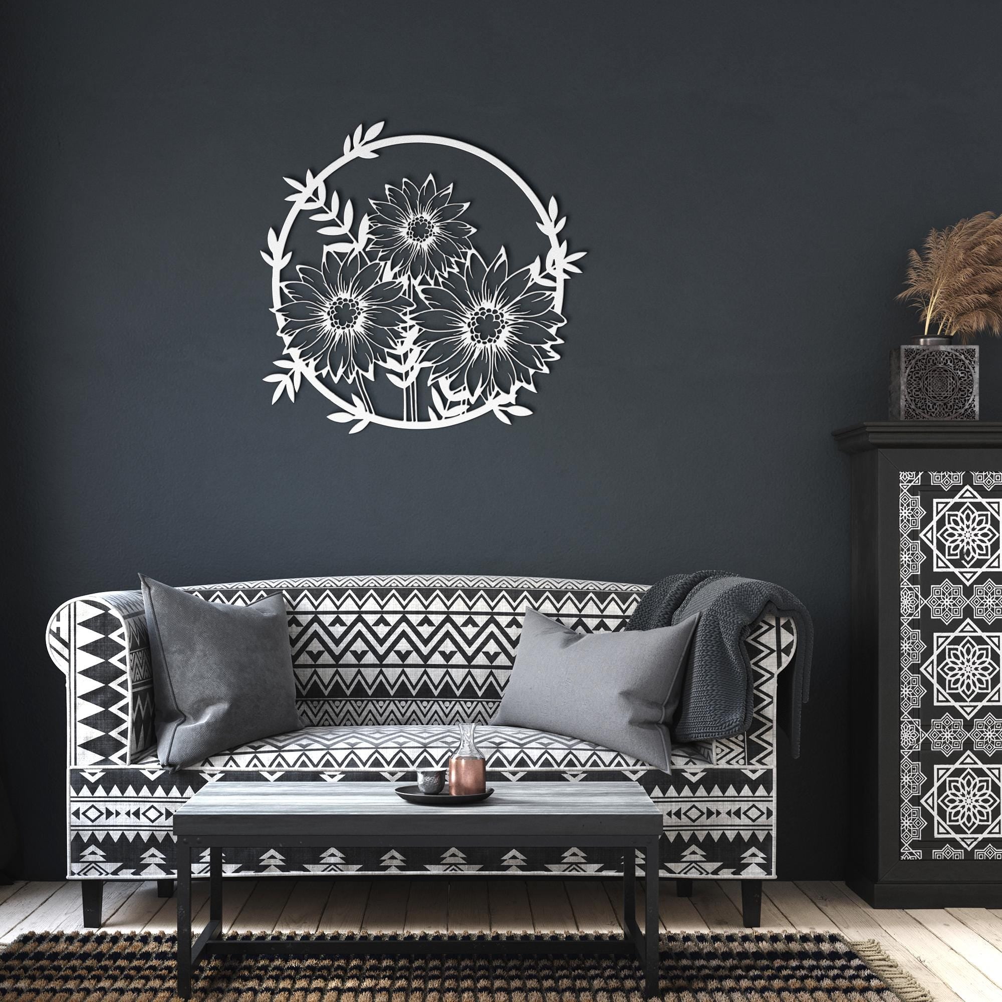 Sunflower Metal Wall Art - Rustic Farmhouse Floral Outline Decor With Metal Flower Ring