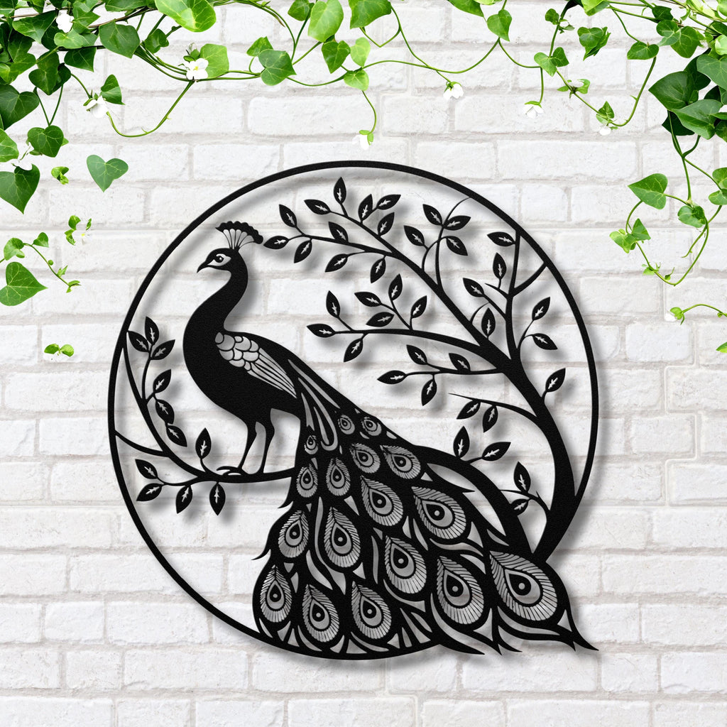 Peacock Metal Wall Art, Die Cut Bird on Tree Silhouette