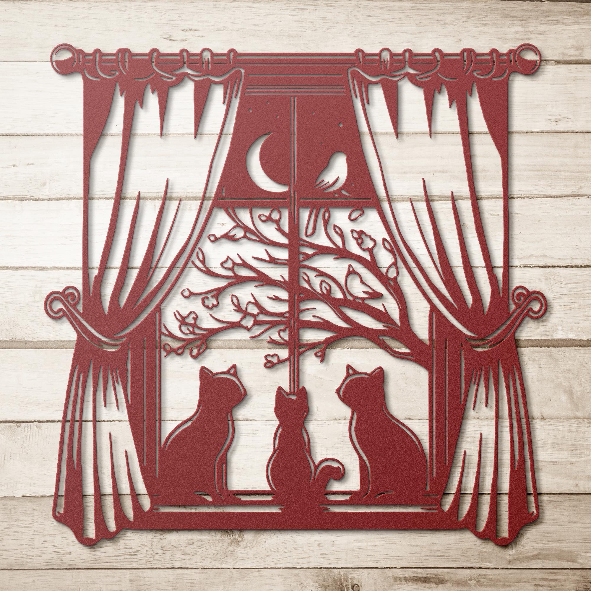 Cats Window Metal Wall Art, Moonlit Night Pet Decor, Cat Lover Gift, Feline Wall Sign