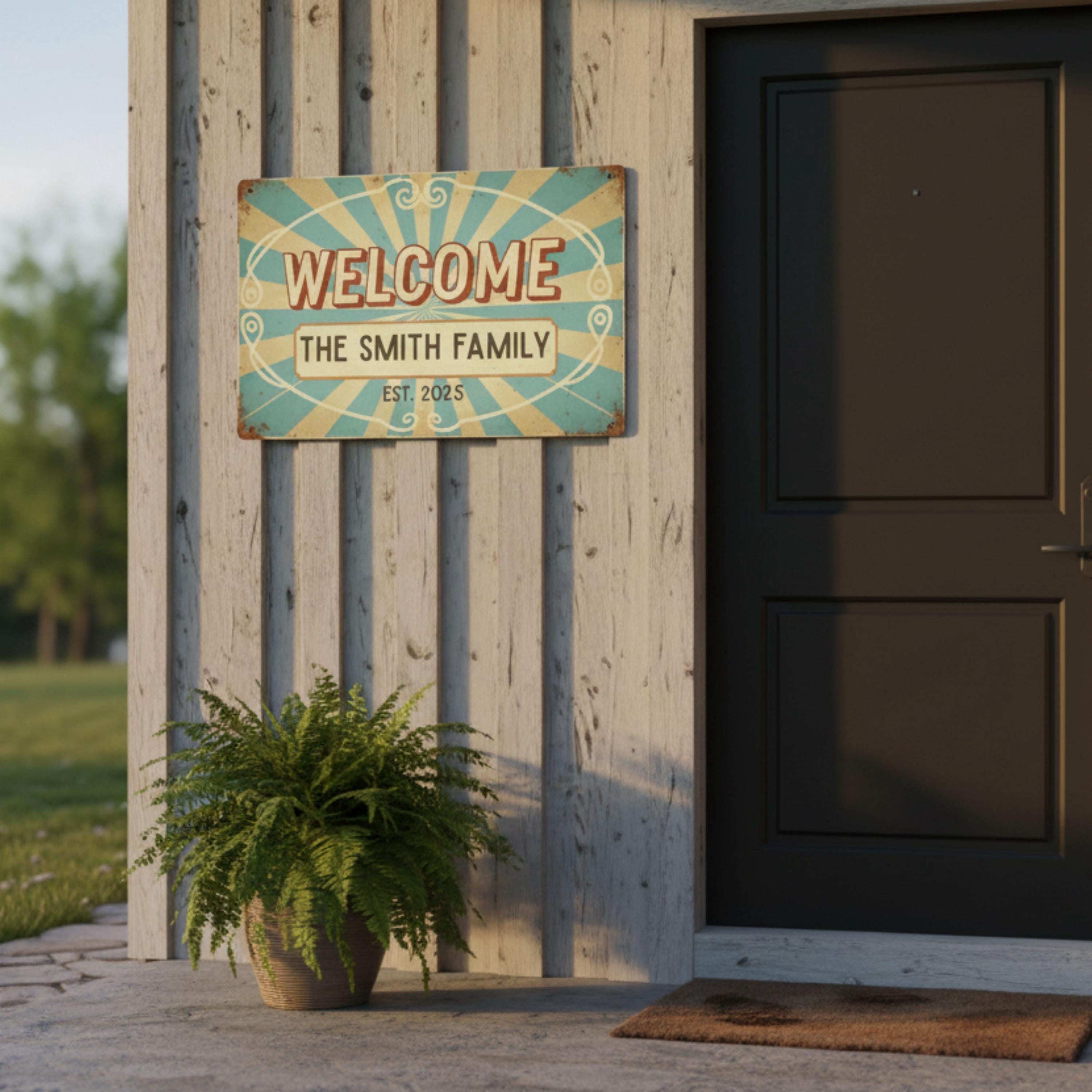 Custom Family Welcome Sign, Personalized Metal Home Plaque, Vintage Circus Sunburst Art, Est. Date Housewarming Gift, Retro Entryway Decor