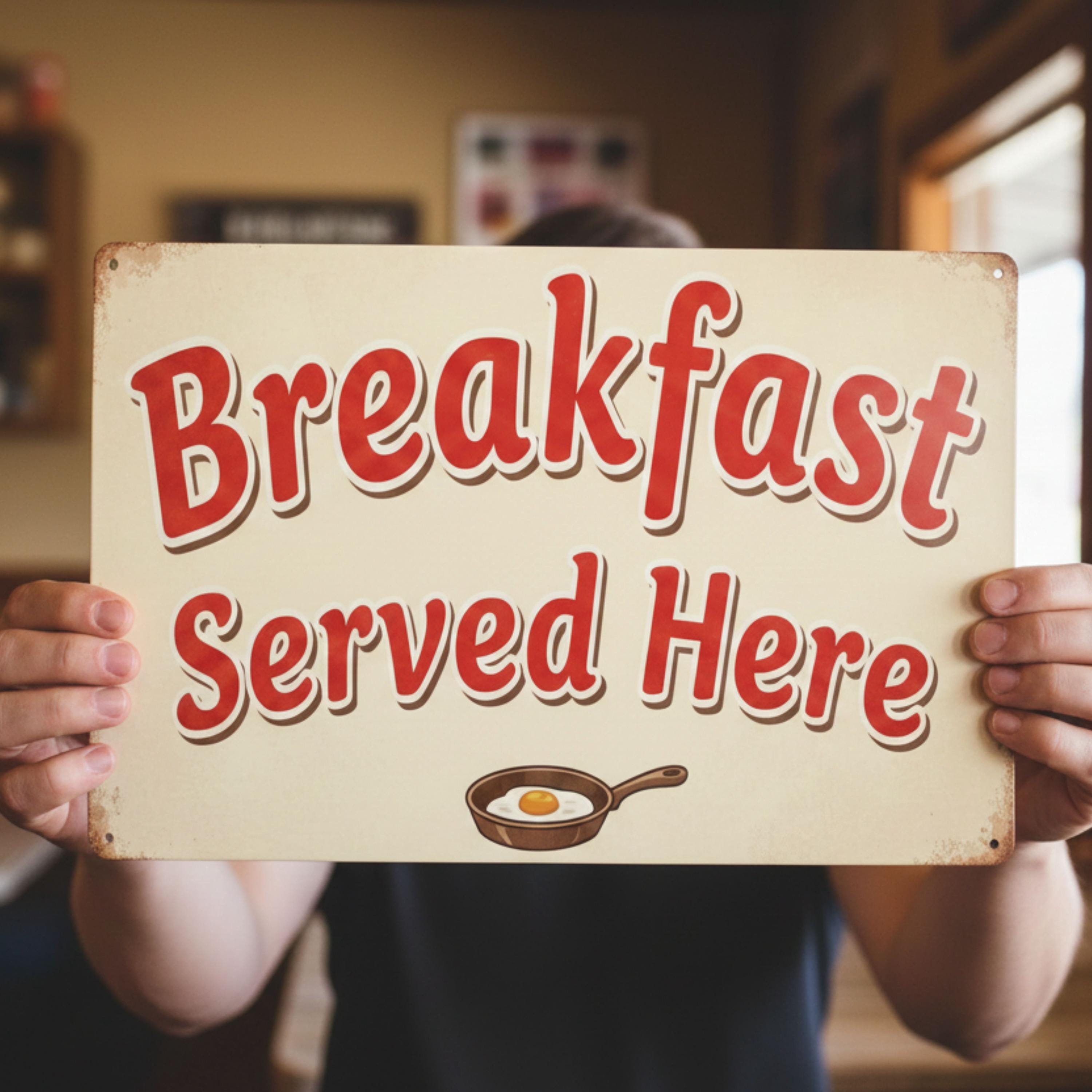 Breakfast Served Here Metal Sign | Retro Diner Kitchen Decor | Vintage Restaurant Plaque | Coffee Bar Wall Art | Farmhouse Egg Sign