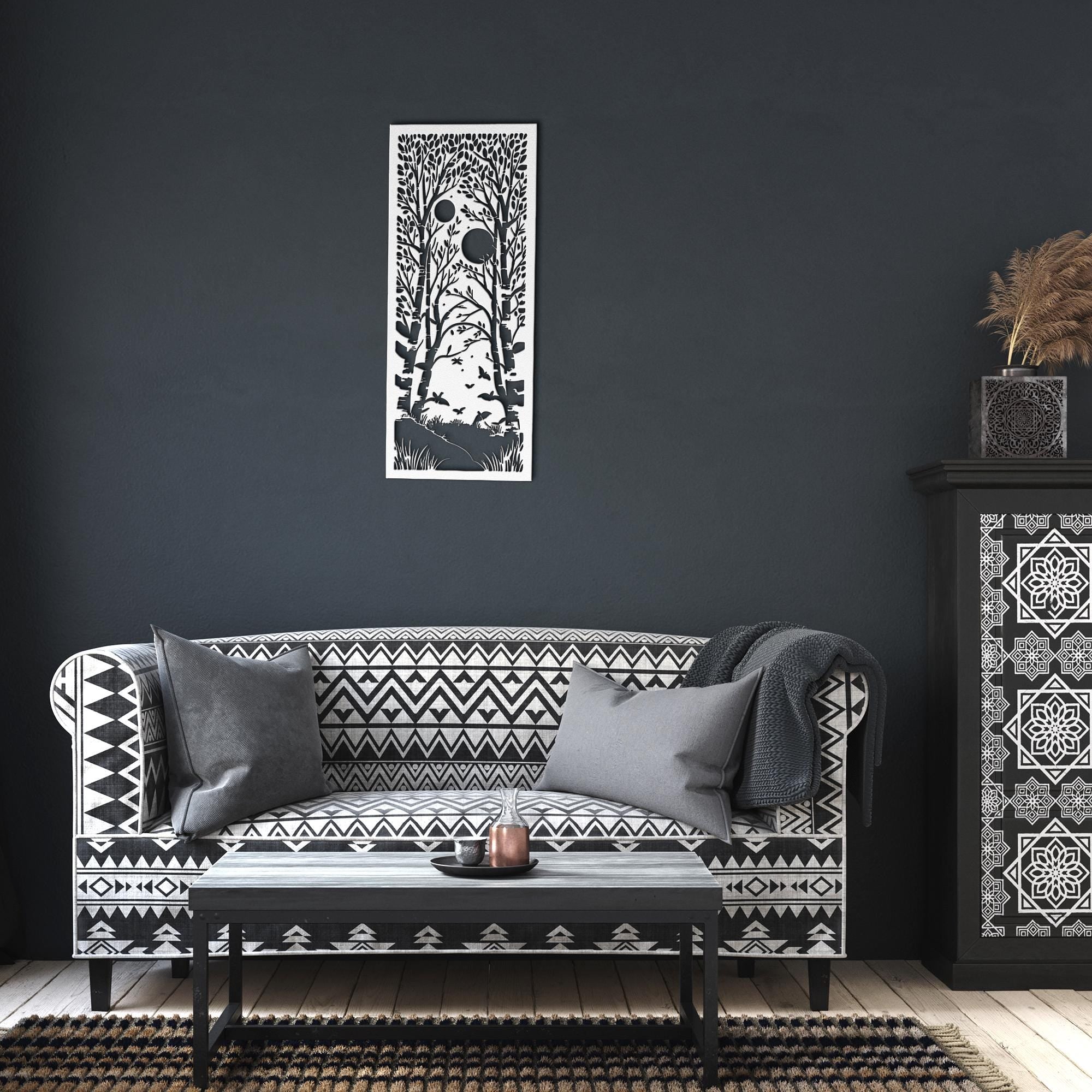 Birch Forest Metal Wall Art, Double Moon Night Scene, Tree Landscape Sign, Nature Decor