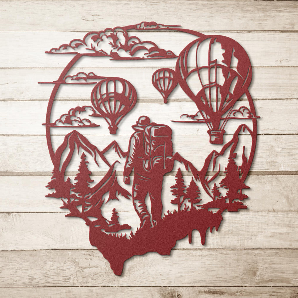 Adventure Hiker Hot Air Balloon Metal Wall Art | Travel Nature Scene Decor | Black Die-Cut Mountain Home Gift