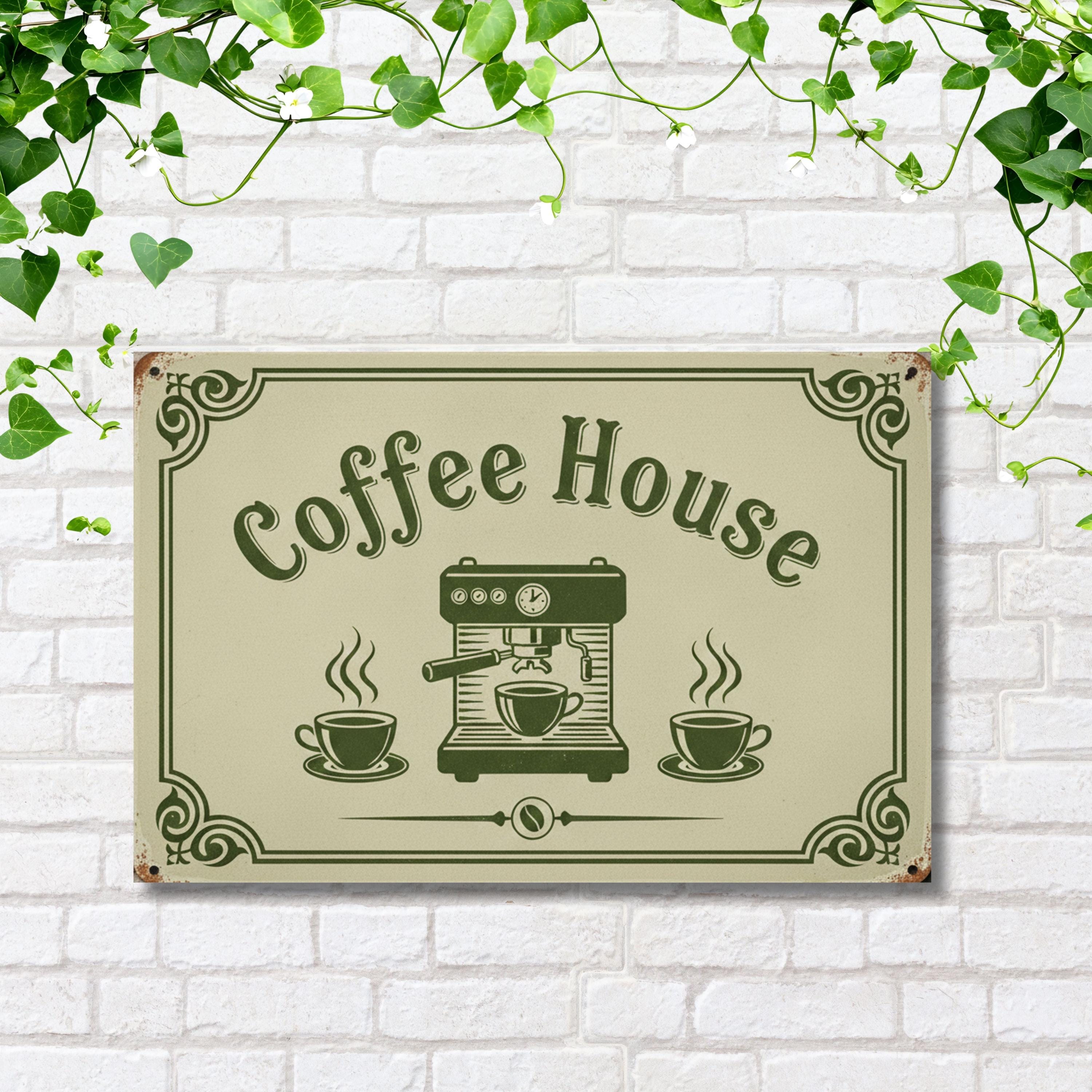 Coffee House Metal Sign, Vintage Espresso Machine Art, Coffee Station Decor, Cafe Wall