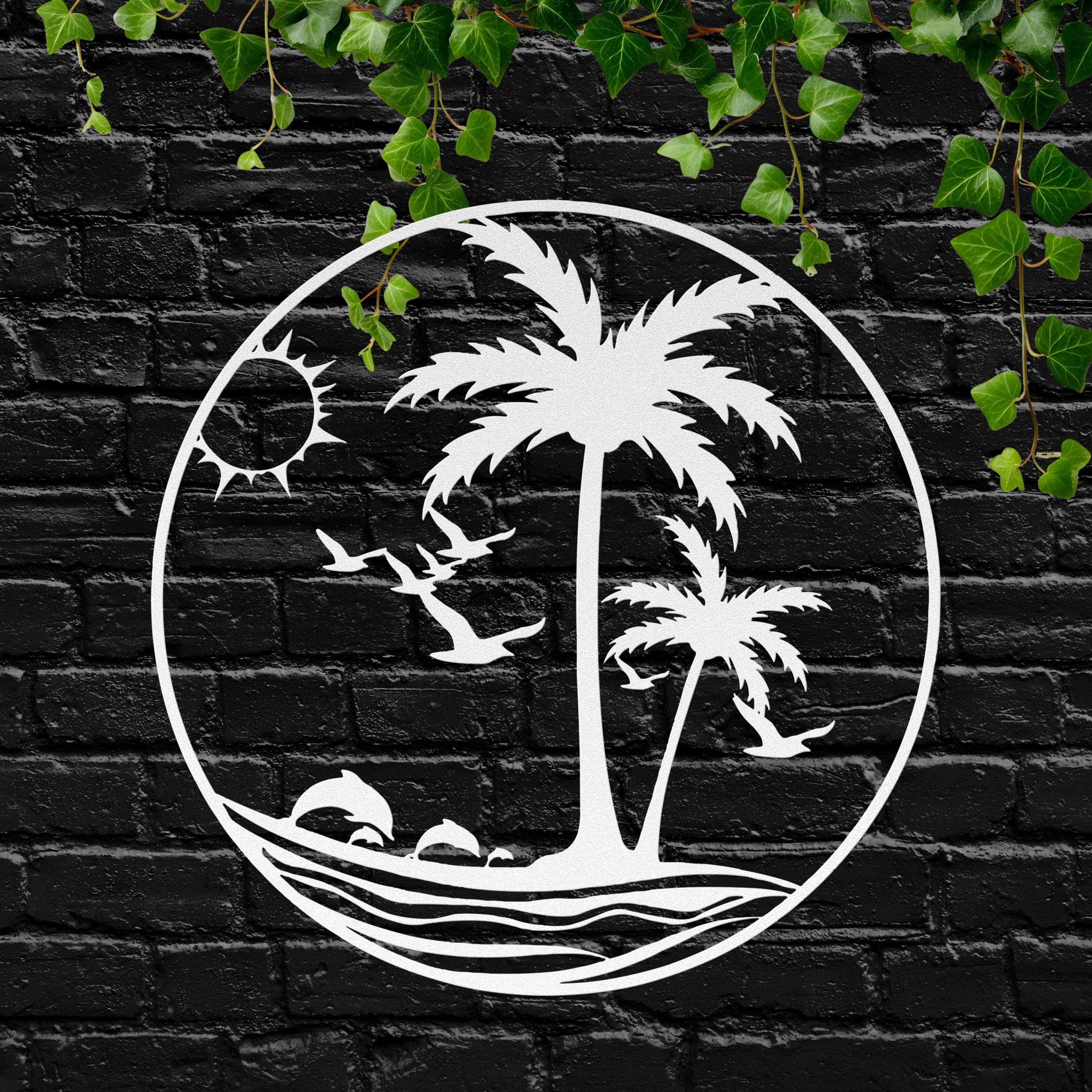 Tropical Beach Metal Wall Art, Palm Tree Dolphin Die Cut Sign, Coastal Island Home Decor Gift