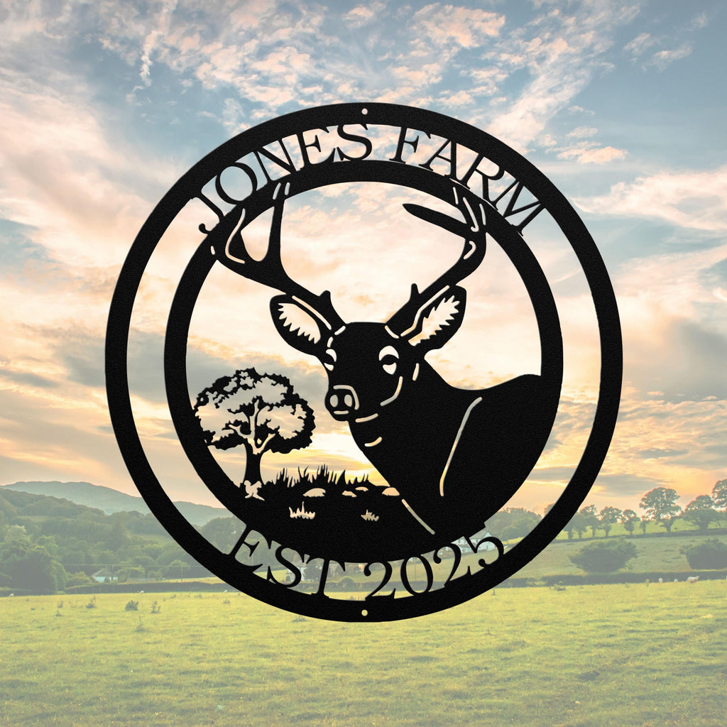 Custom Farm Sign, Deer Buck Monogram, Rustic Metal Wall Decor