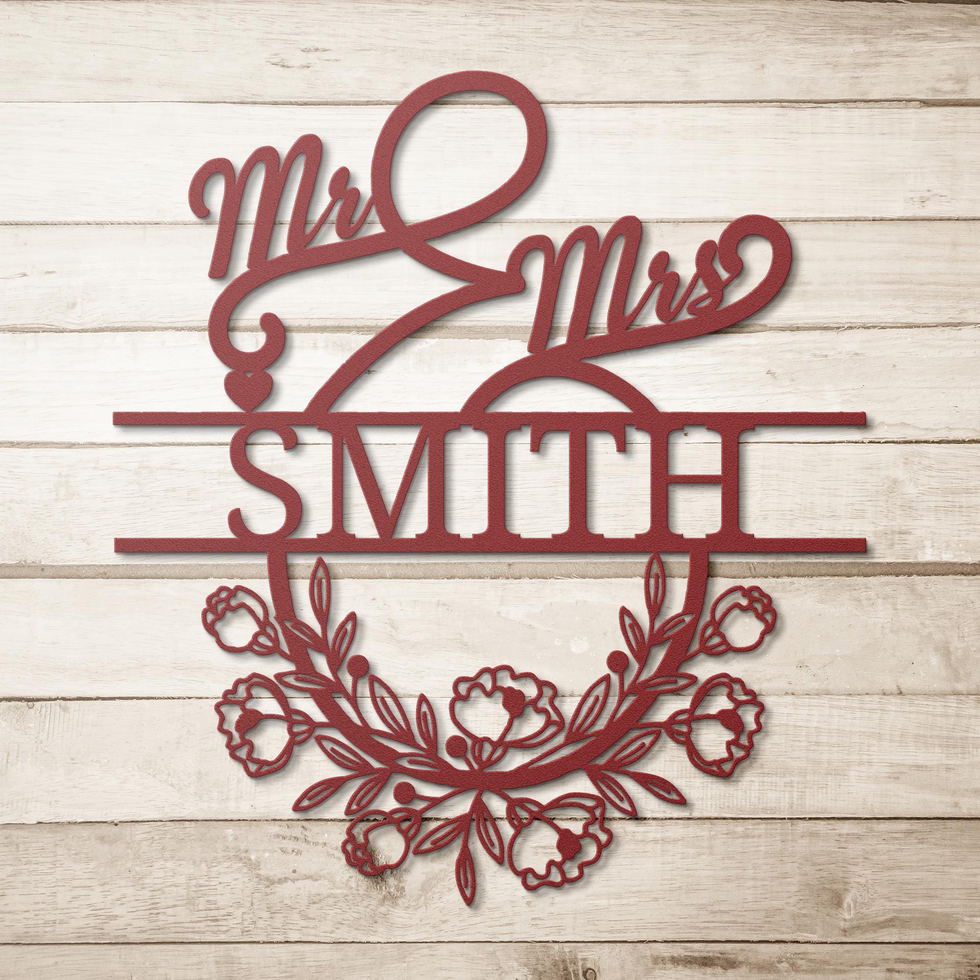 Personalized Mr. & Mrs. Metal Sign, Custom Last Name Wedding Gift, Floral Wreath Wall Decor